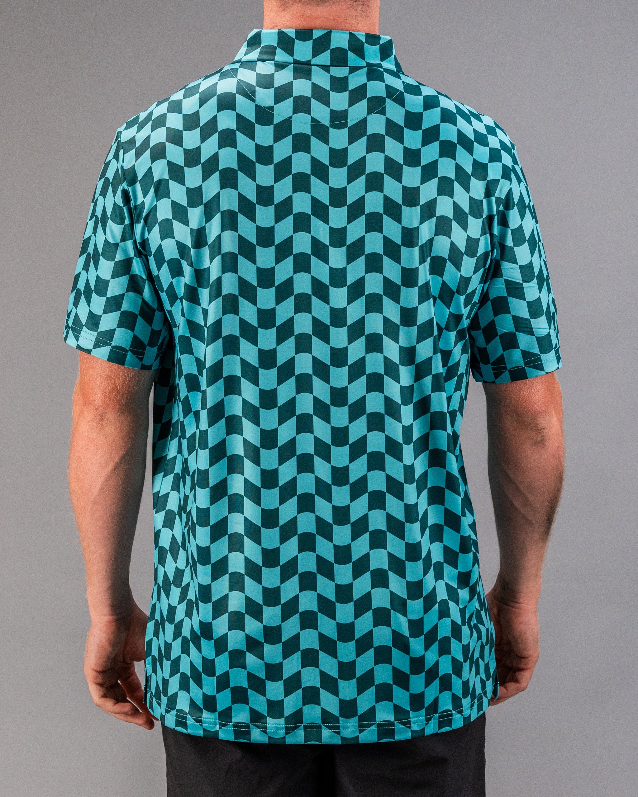 Men's golf shirt featuring a bold wavy checkered pattern in teal and black, designed for a standout look on the course.
