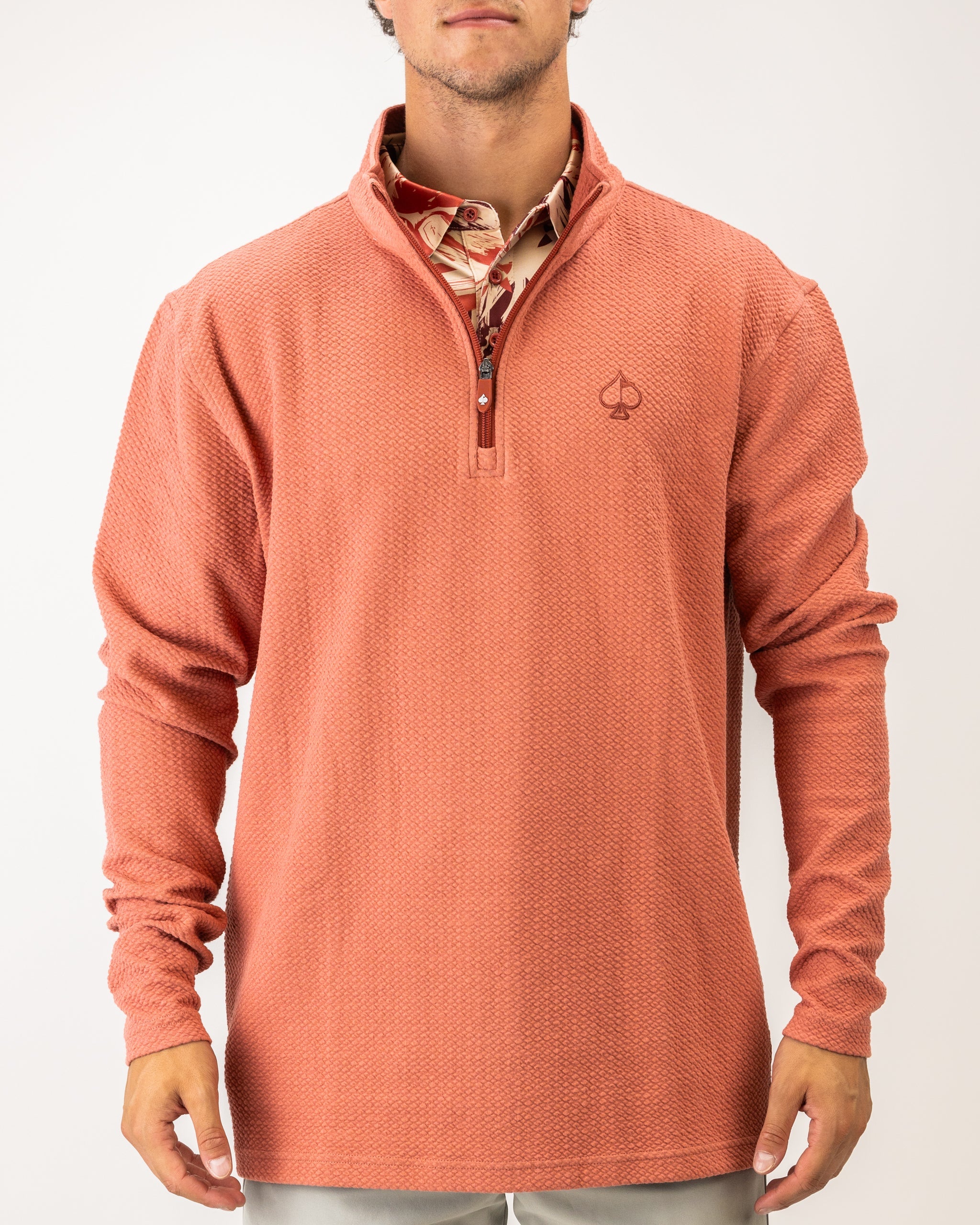 Terracotta Player Preferred™ waffle knit pullover on a white background.