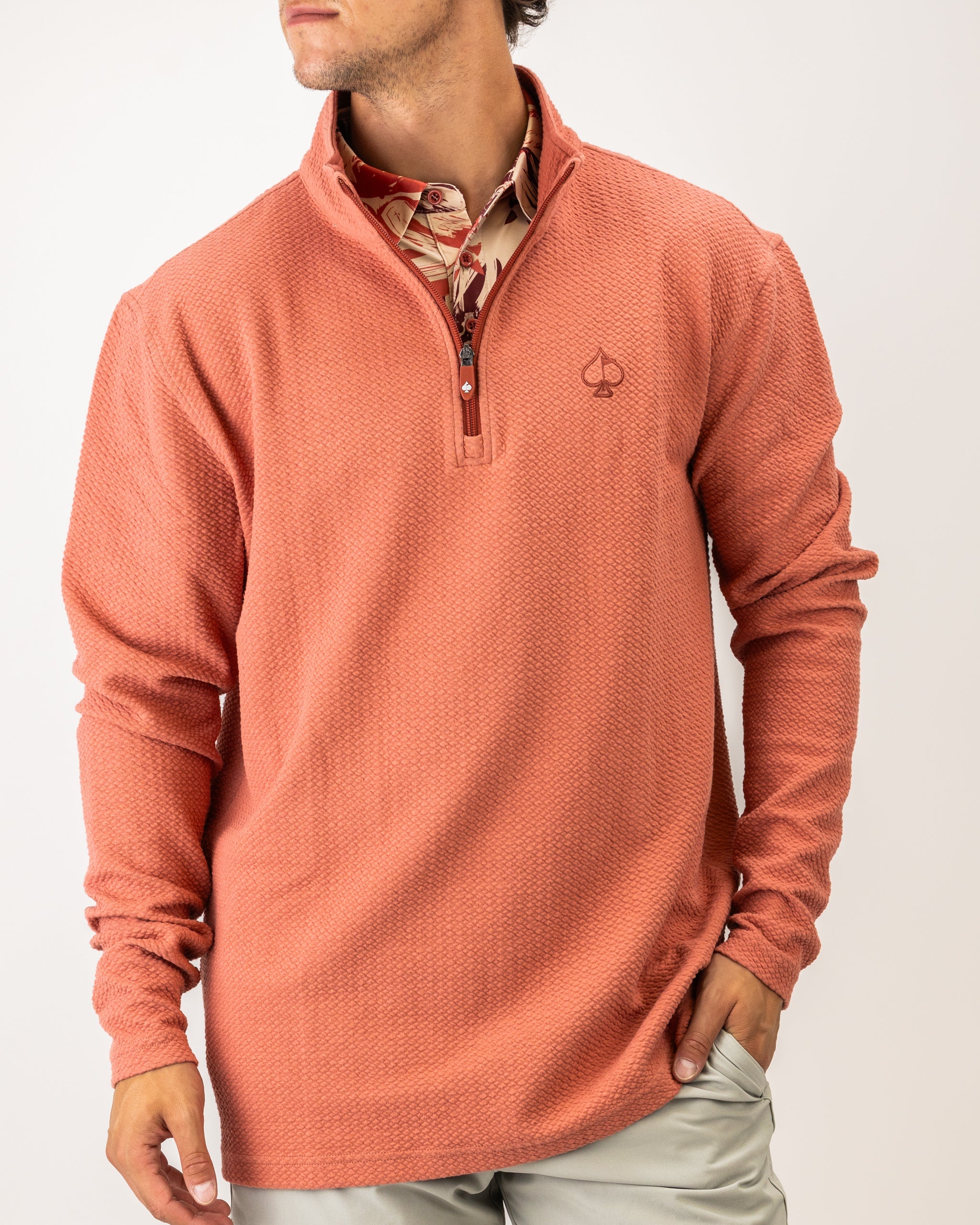 Terracotta Player Preferred™ Waffle Knit Pullover featuring a relaxed fit and textured fabric.