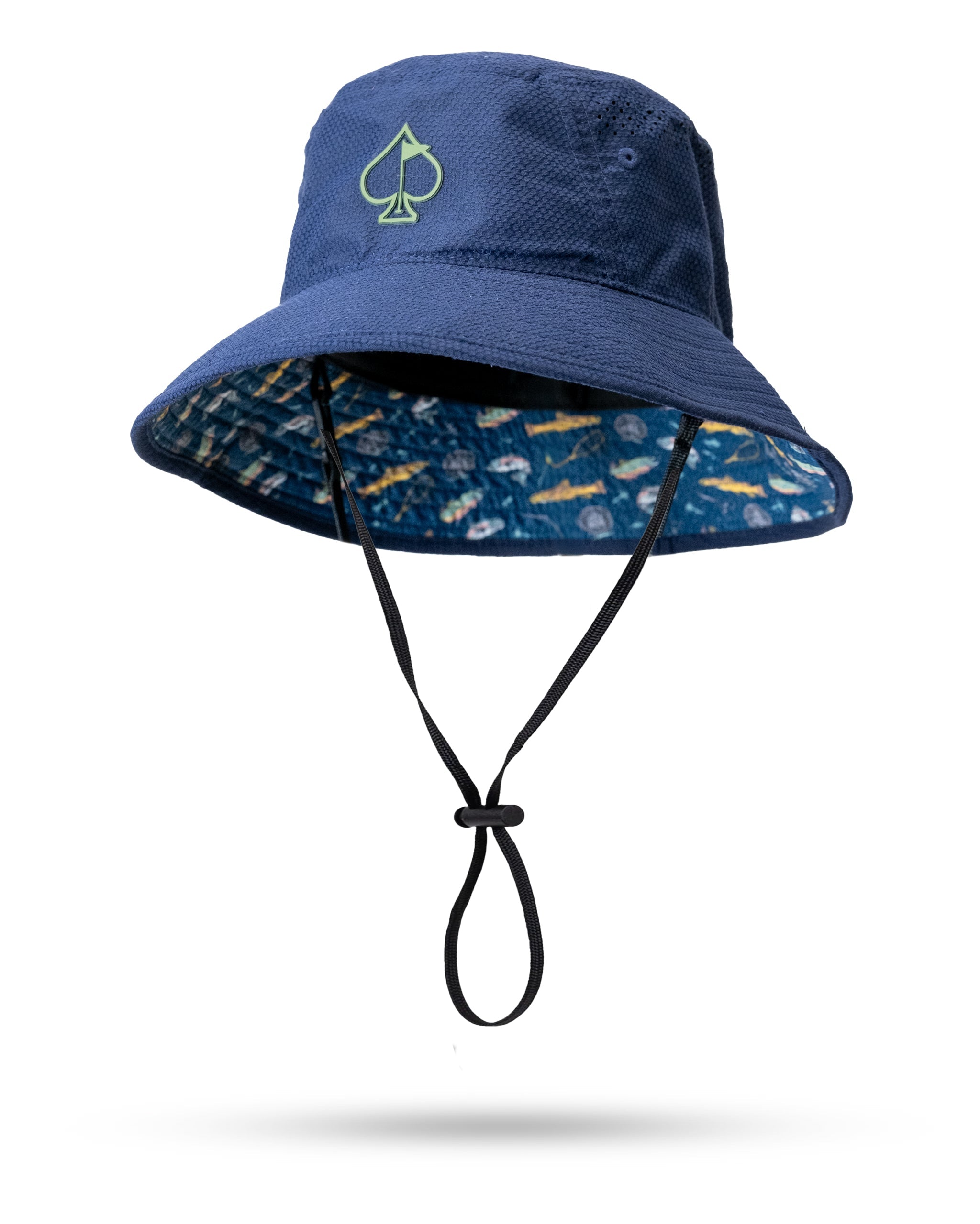 "Purple floral Catch & Release bucket hat on a white background."