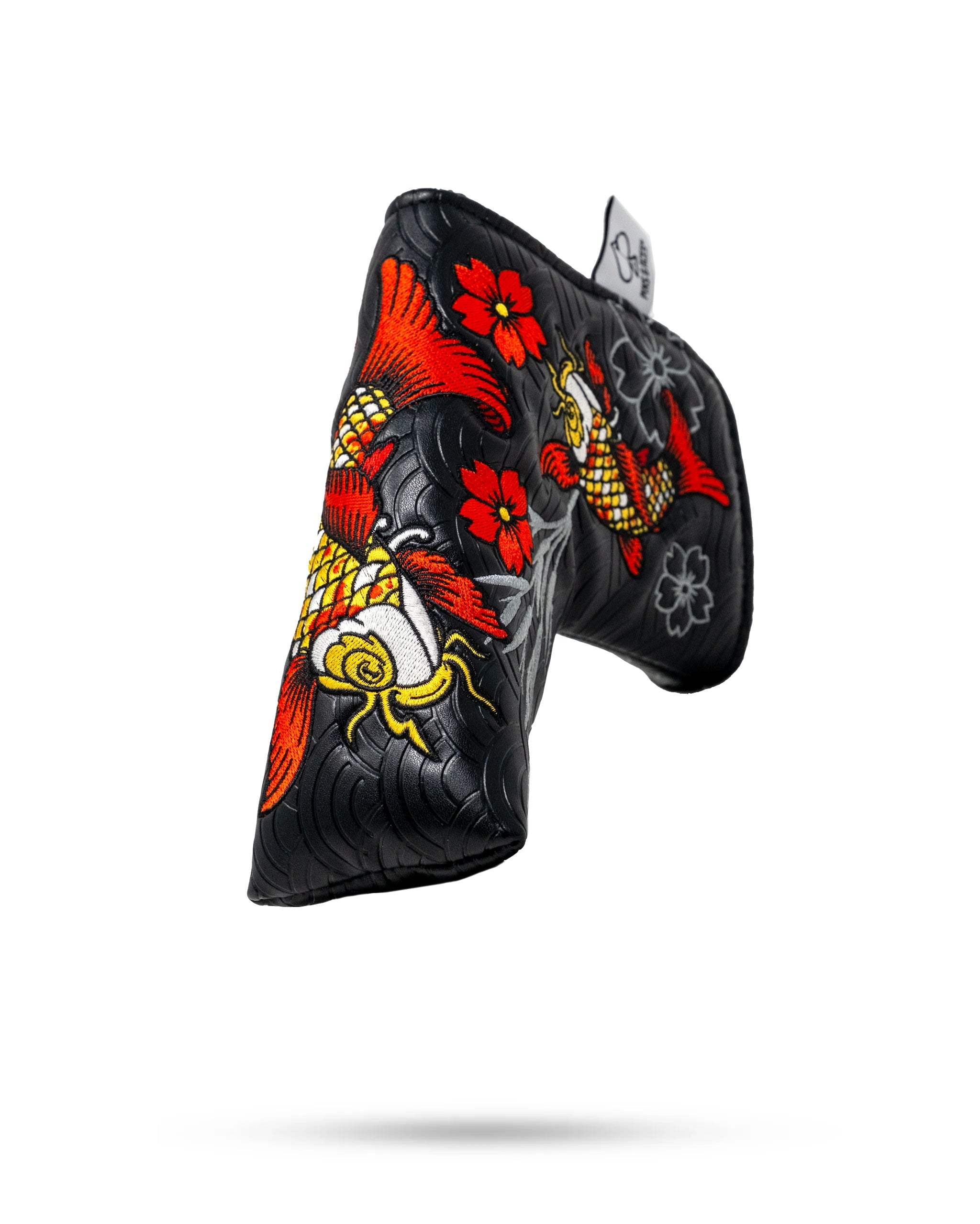Koi Flow Blade Putter Cover featuring a vibrant fire waves design on a black background.