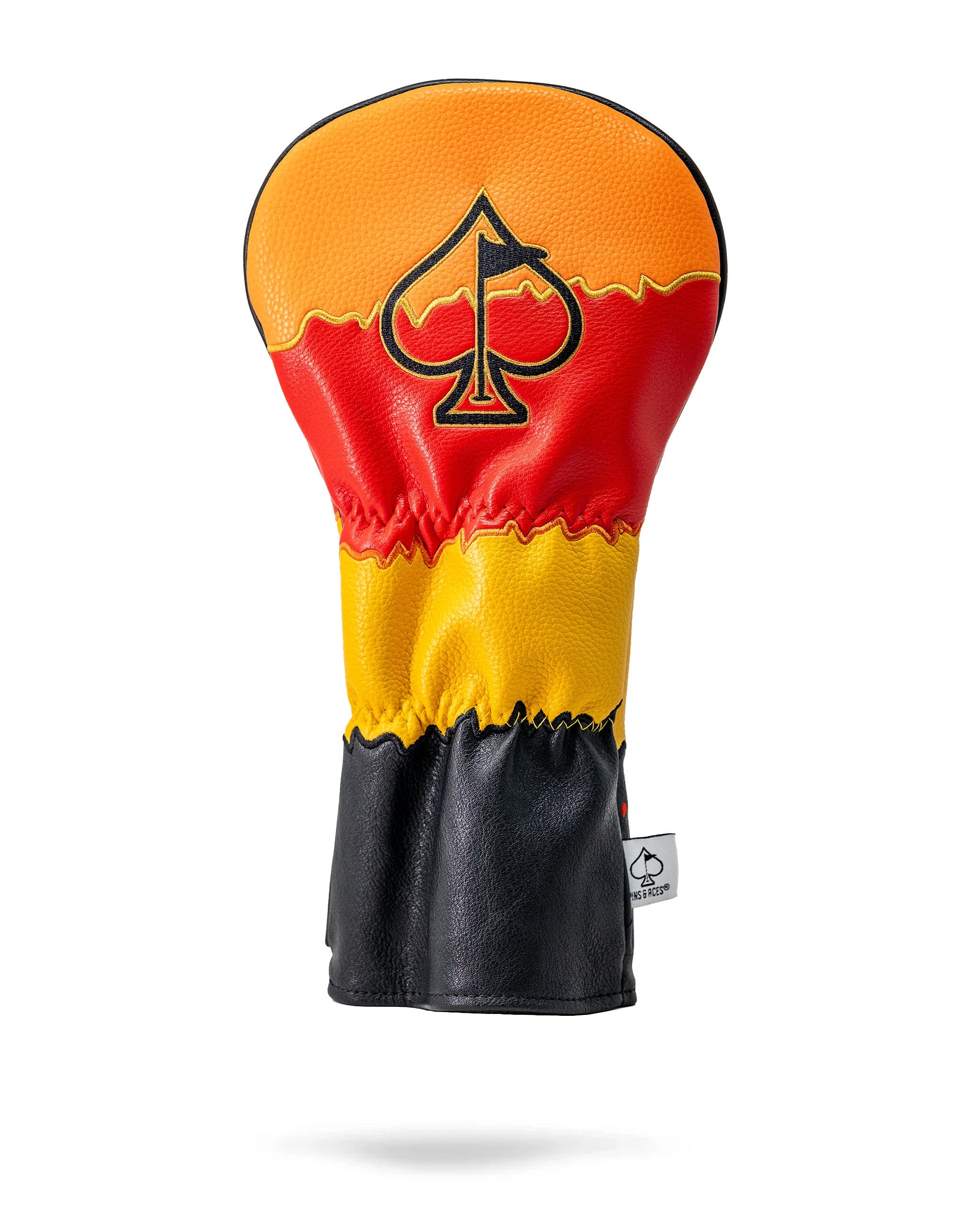Golf driver cover featuring a fiery Flamin' Hot Cheaters design with red, yellow, and black colors and a spade logo.