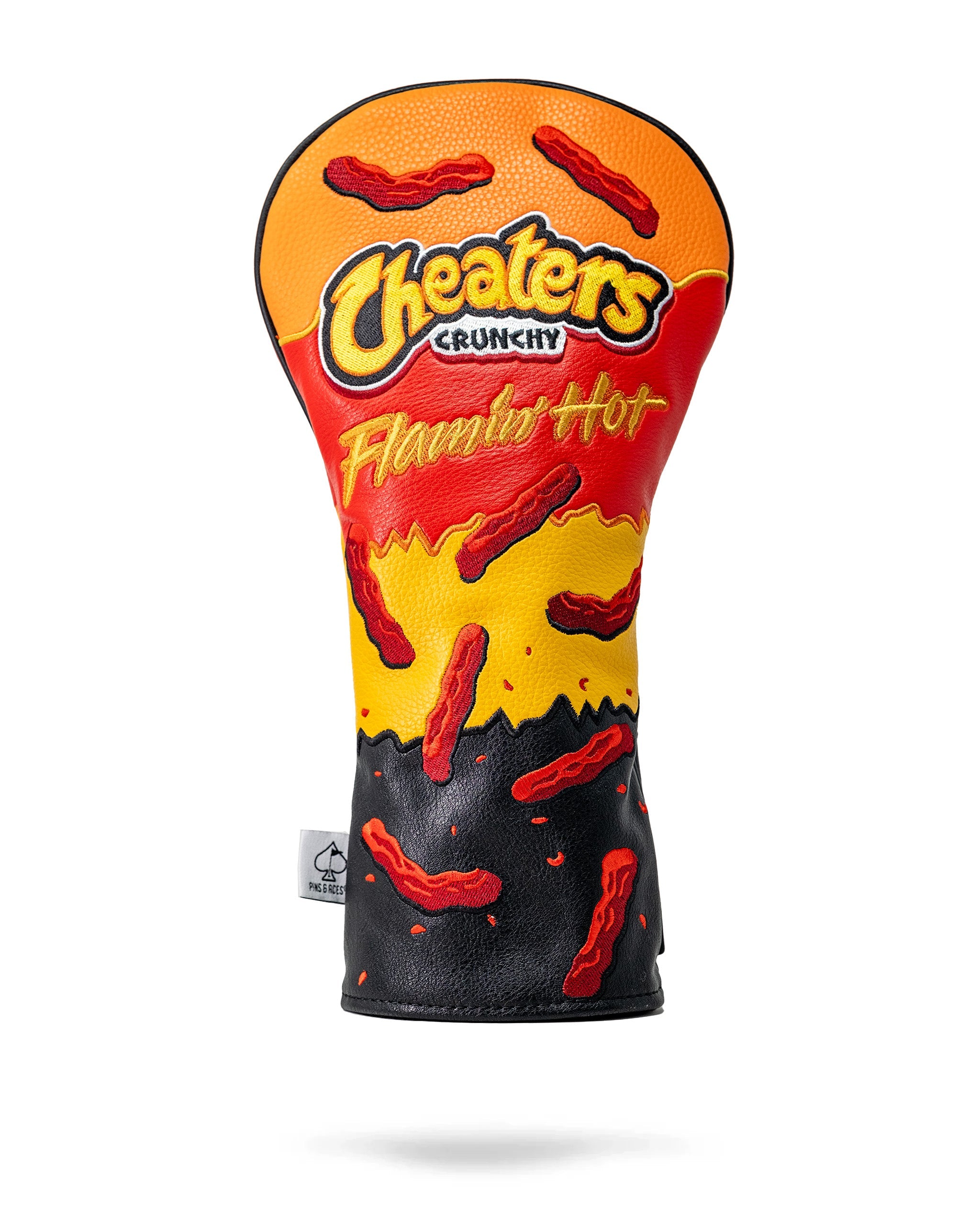 Golf driver cover designed to look like a spicy Flamin' Hot Cheetos bag with red and yellow colors and chili pepper graphics.
