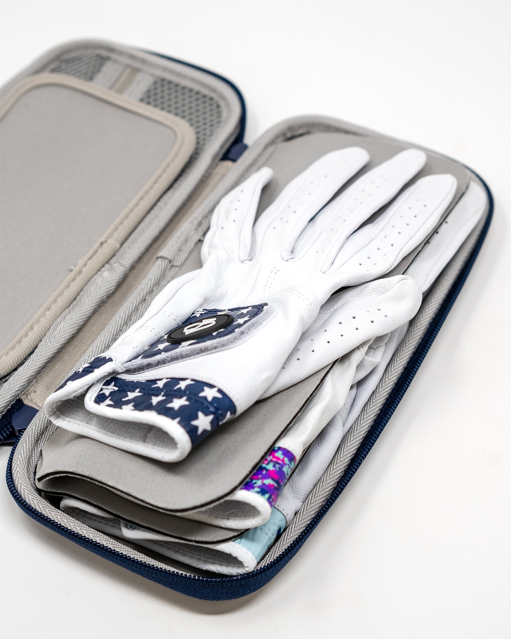 Navy Glove & Accessory Caddie displaying pockets for organization and a sleek design.