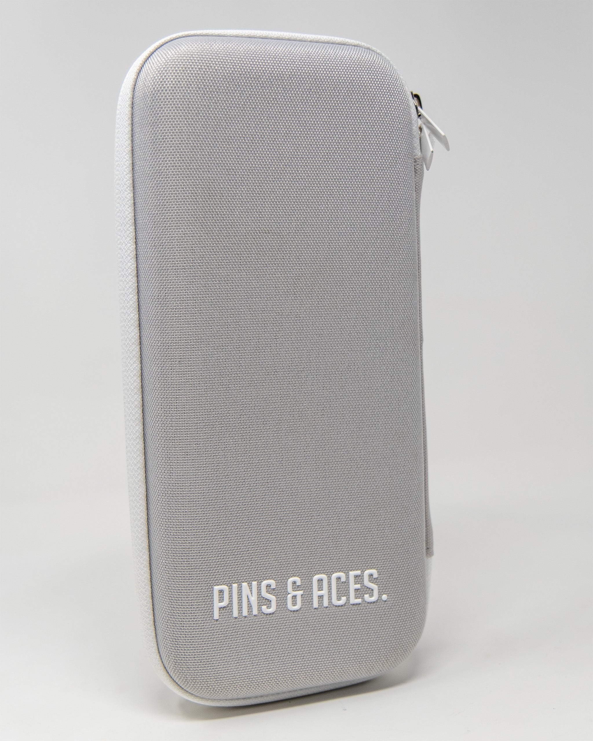 Gray glove and accessory caddie with a sleek design and zipper closure, featuring the Pins and Aces logo.