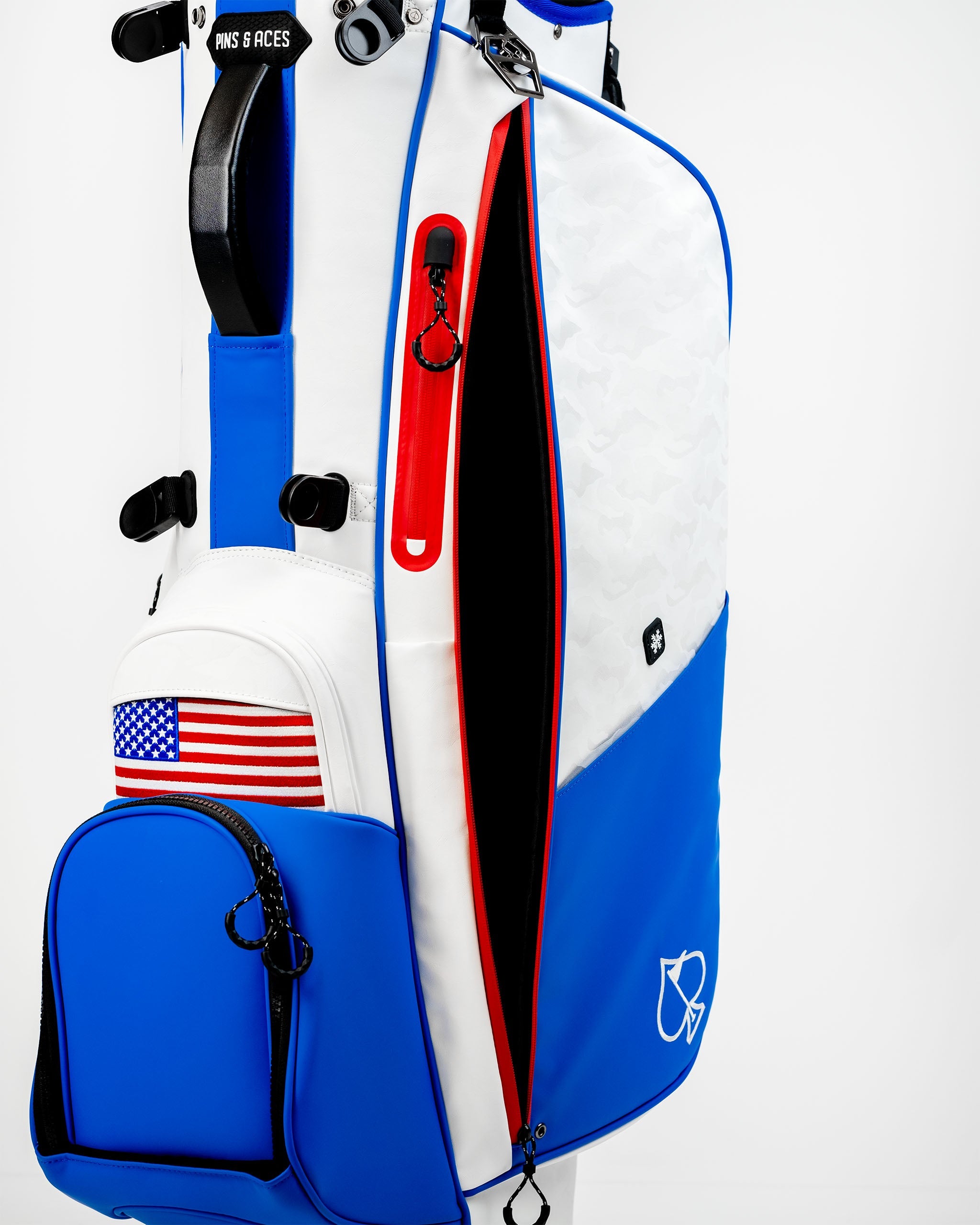 Player Preferred™ Golf Bag in black and white with the Golf of America logo, featuring multiple pockets and a comfortable shoulder strap.