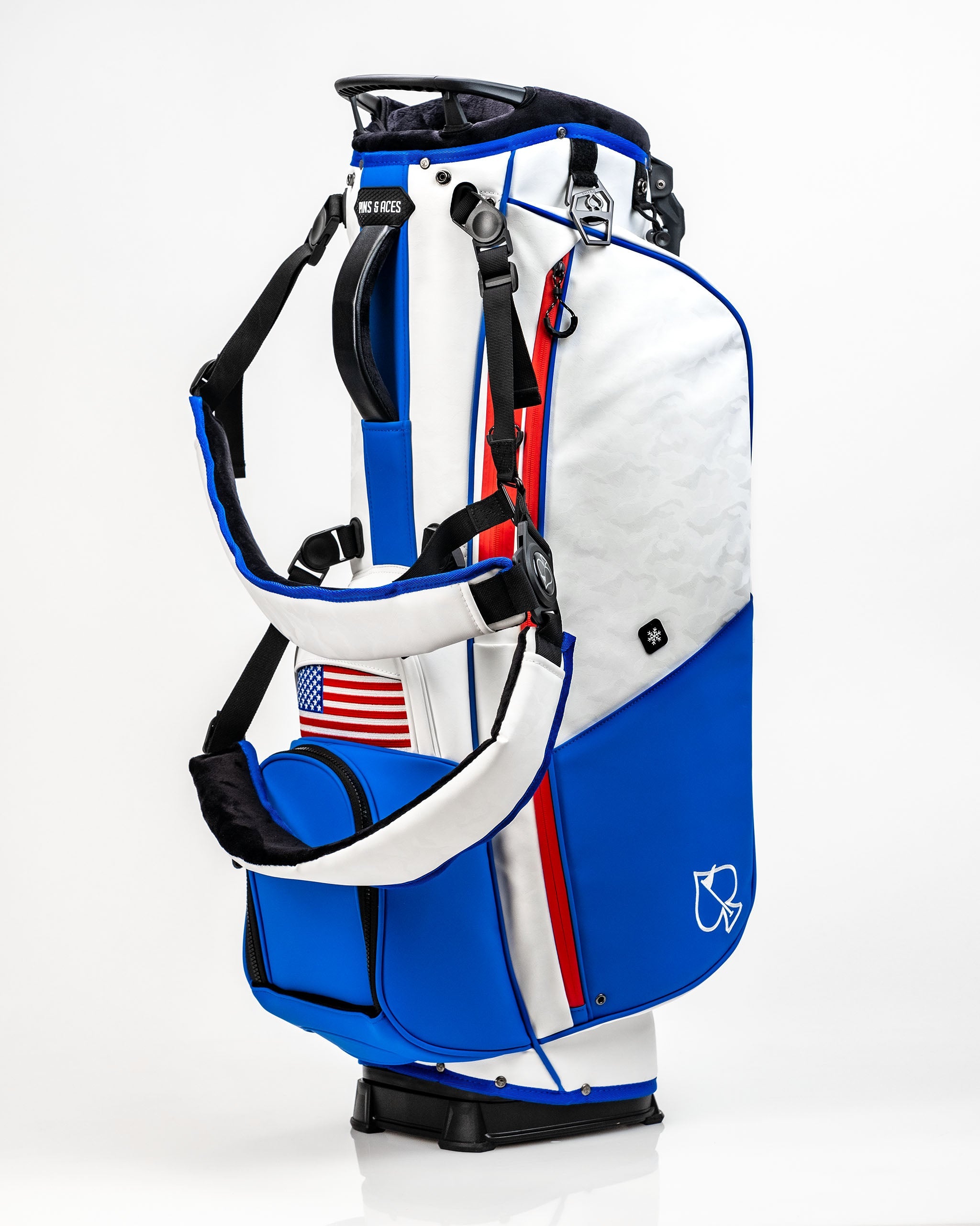 Player Preferred™ Golf Bag in navy and white with Golf of America logo, featuring multiple pockets and a comfortable carry strap.