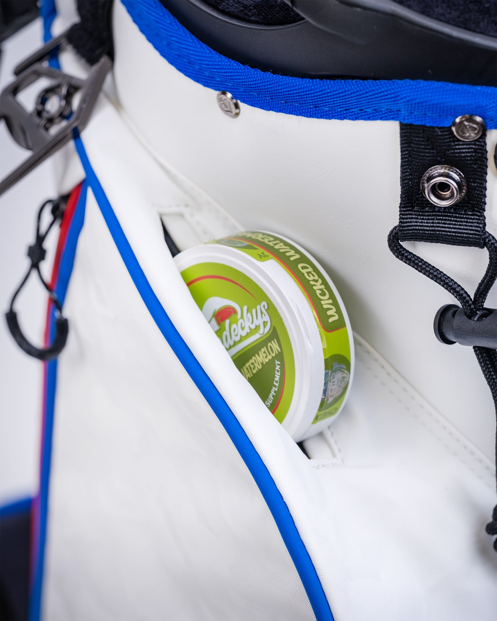 Alt text: "Detail of Player Preferred™ Golf Bag featuring Zyn pocket design from Golf of America."