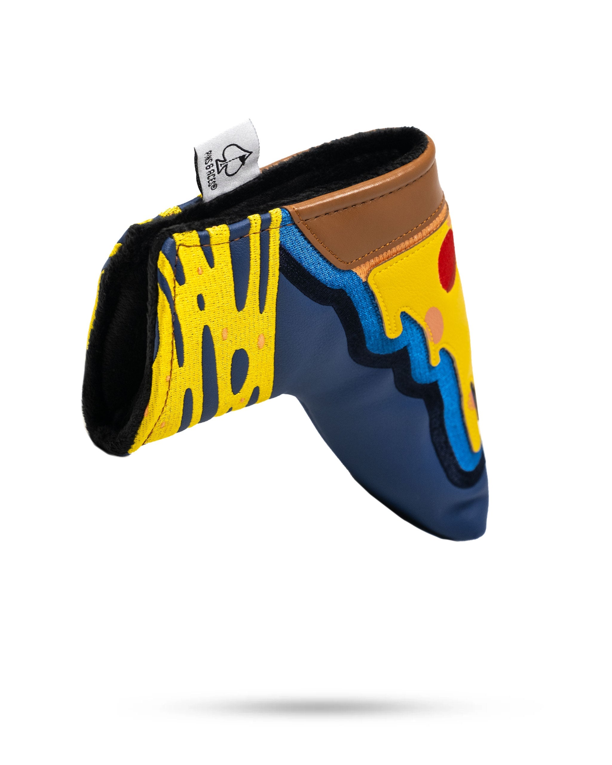 Colorful pizza-themed blade putter cover with a vibrant design, showcasing various toppings and a fun, playful style.