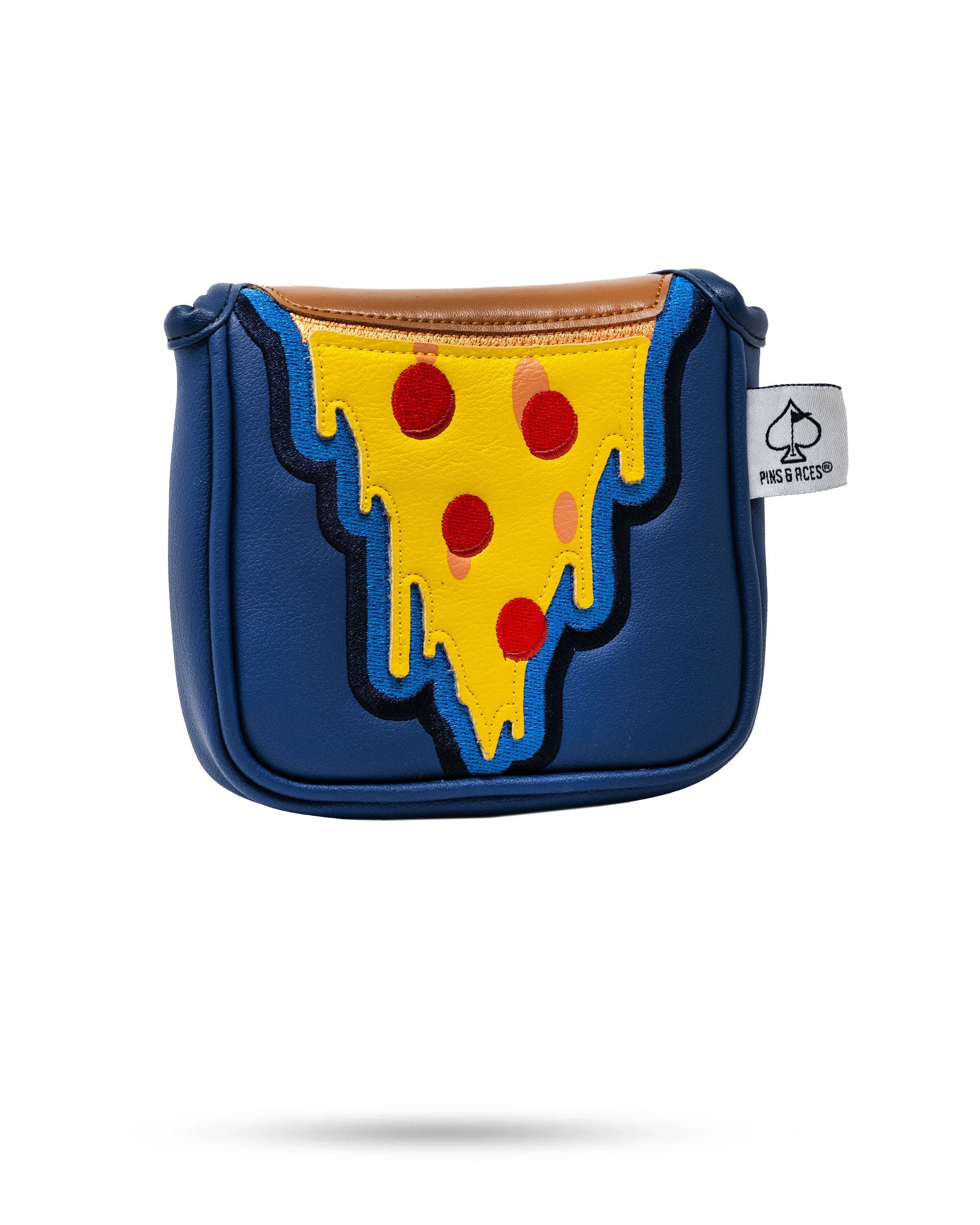 Pizza-themed mallet putter cover for golf clubs, featuring a colorful and fun pizza slice design.