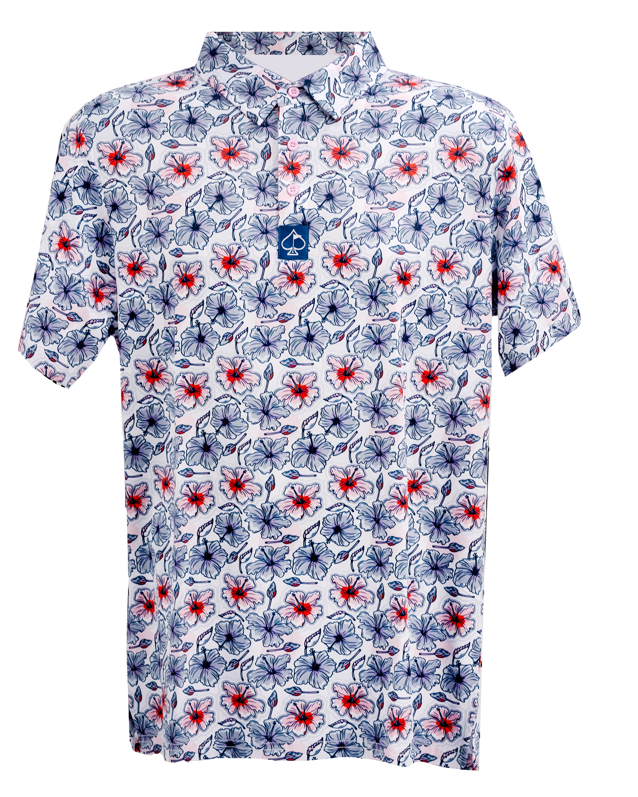 Hibiscus Harmony polo shirt featuring a vibrant floral pattern in red and blue on a white background.