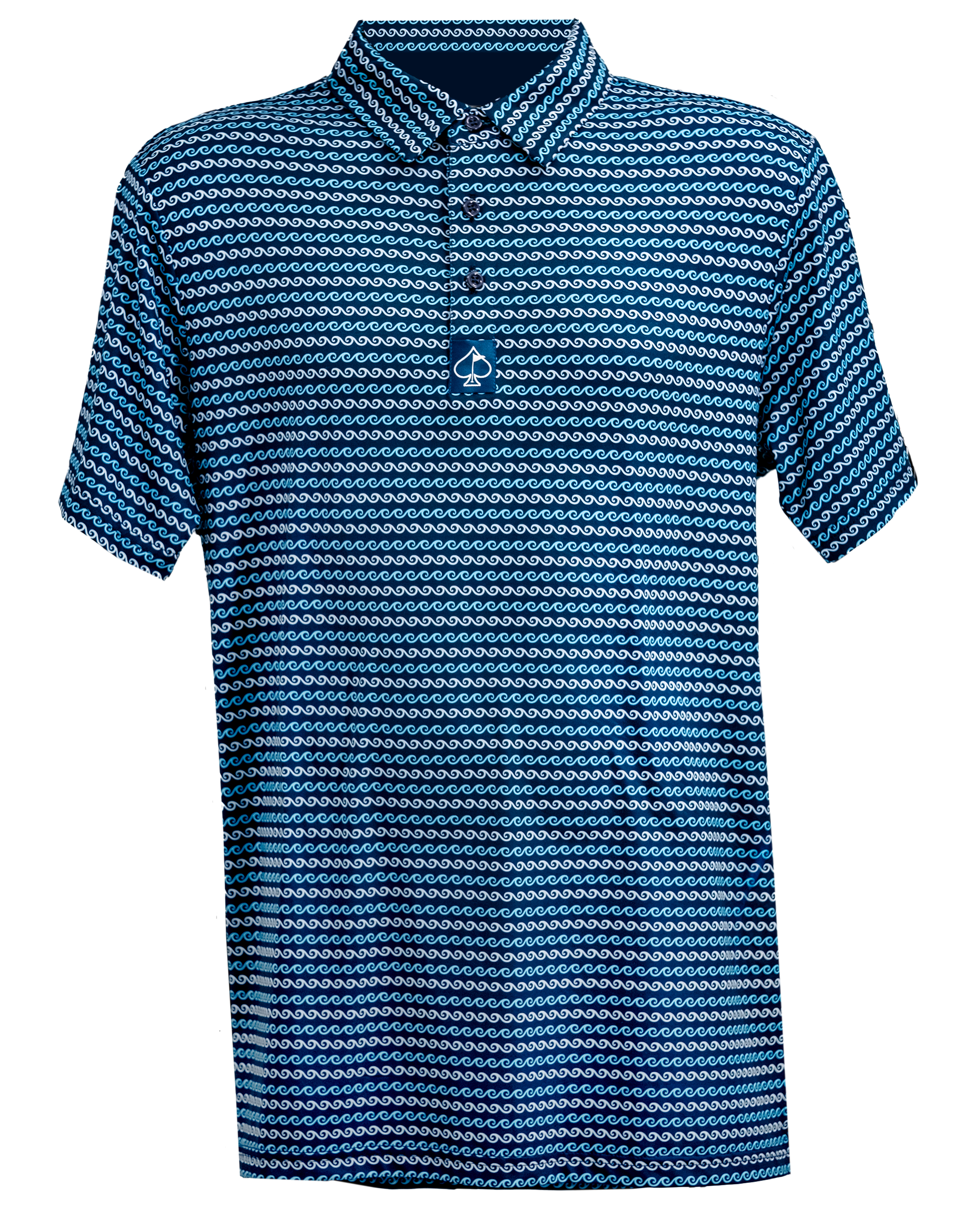 Stylish blue and white polo shirt featuring a modern design and hanging display for promotional purposes.