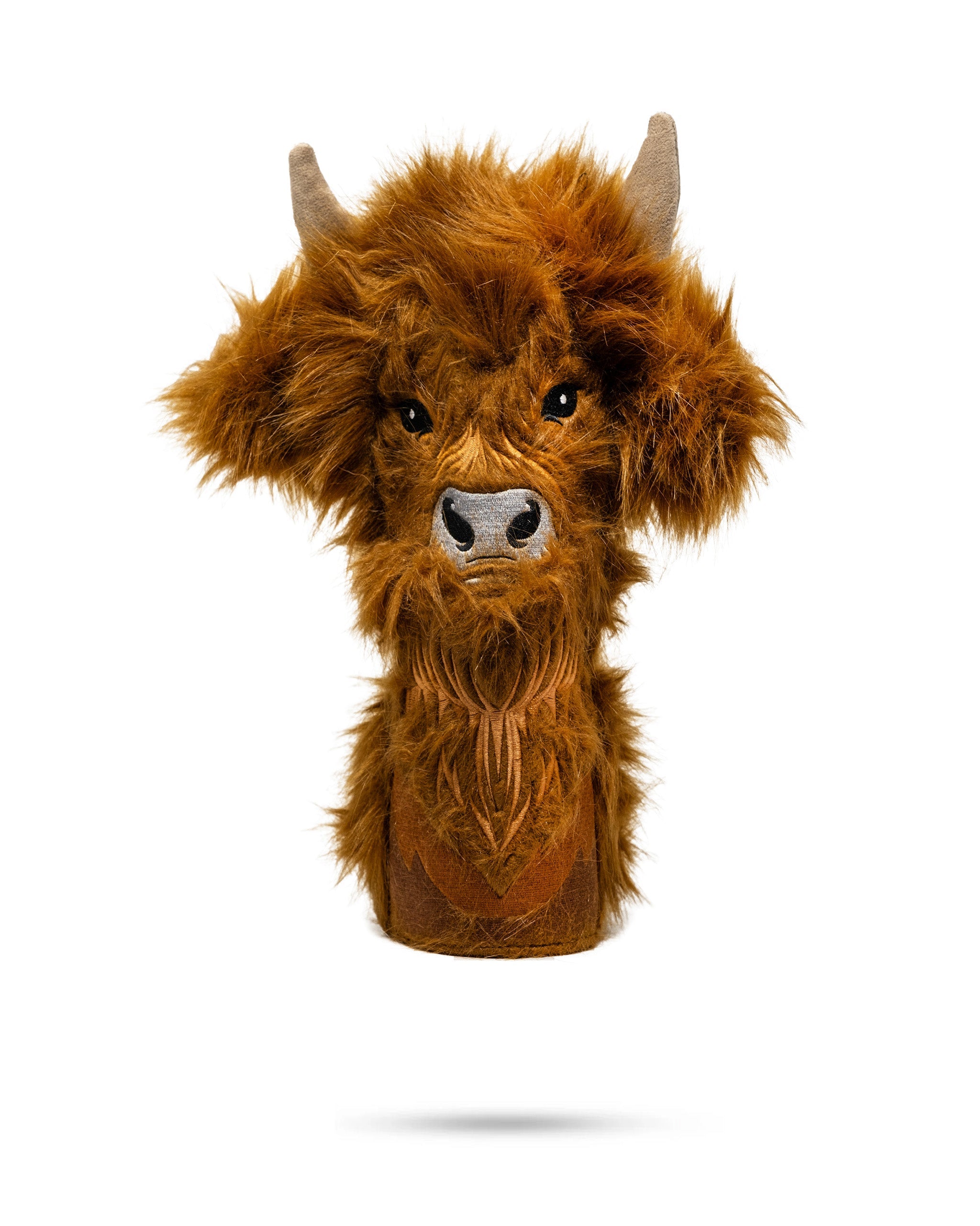 Highland cow fairway golf headcover with intricate detailing and plush fabric.