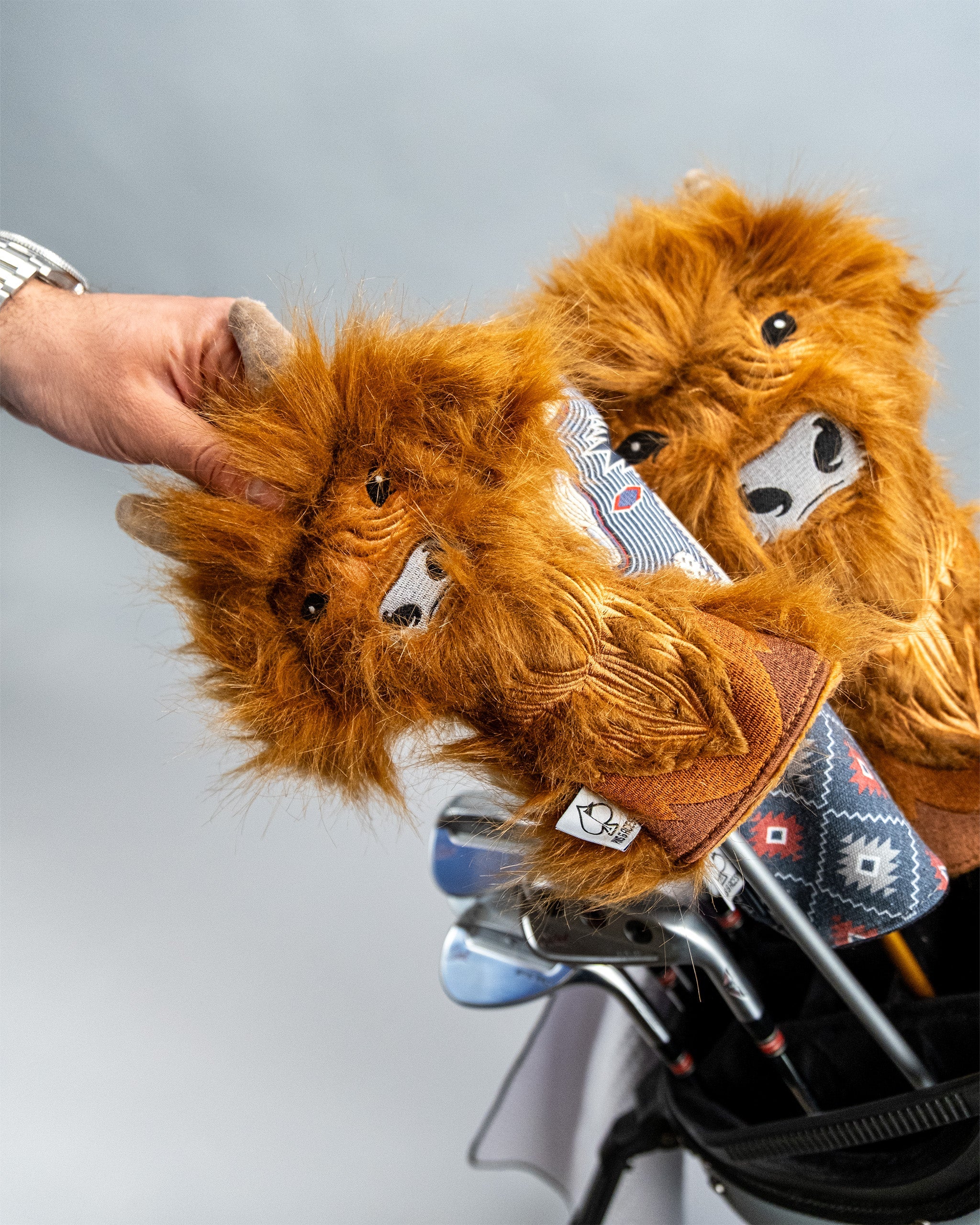 A hand placing a Highland Cow hybrid golf cover on a golf club in a golf bag, featuring a furry cow face with detailed eyes and nose.