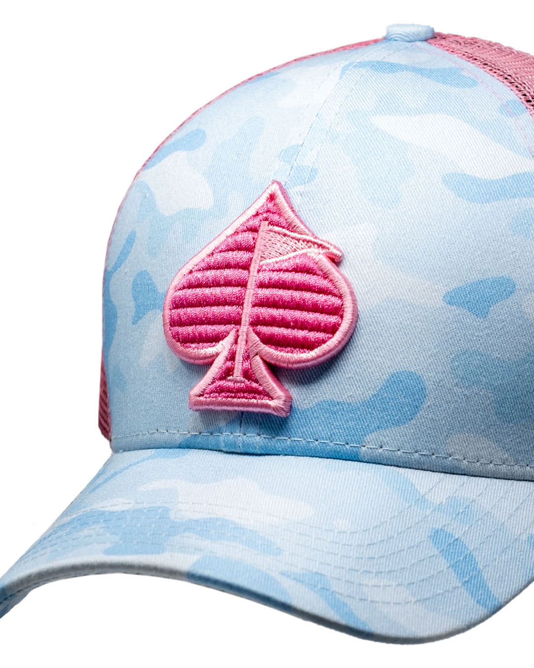Cotton Candy Camo Trucker Hat featuring a stylish camouflage design in pastel colors, ideal for casual wear.