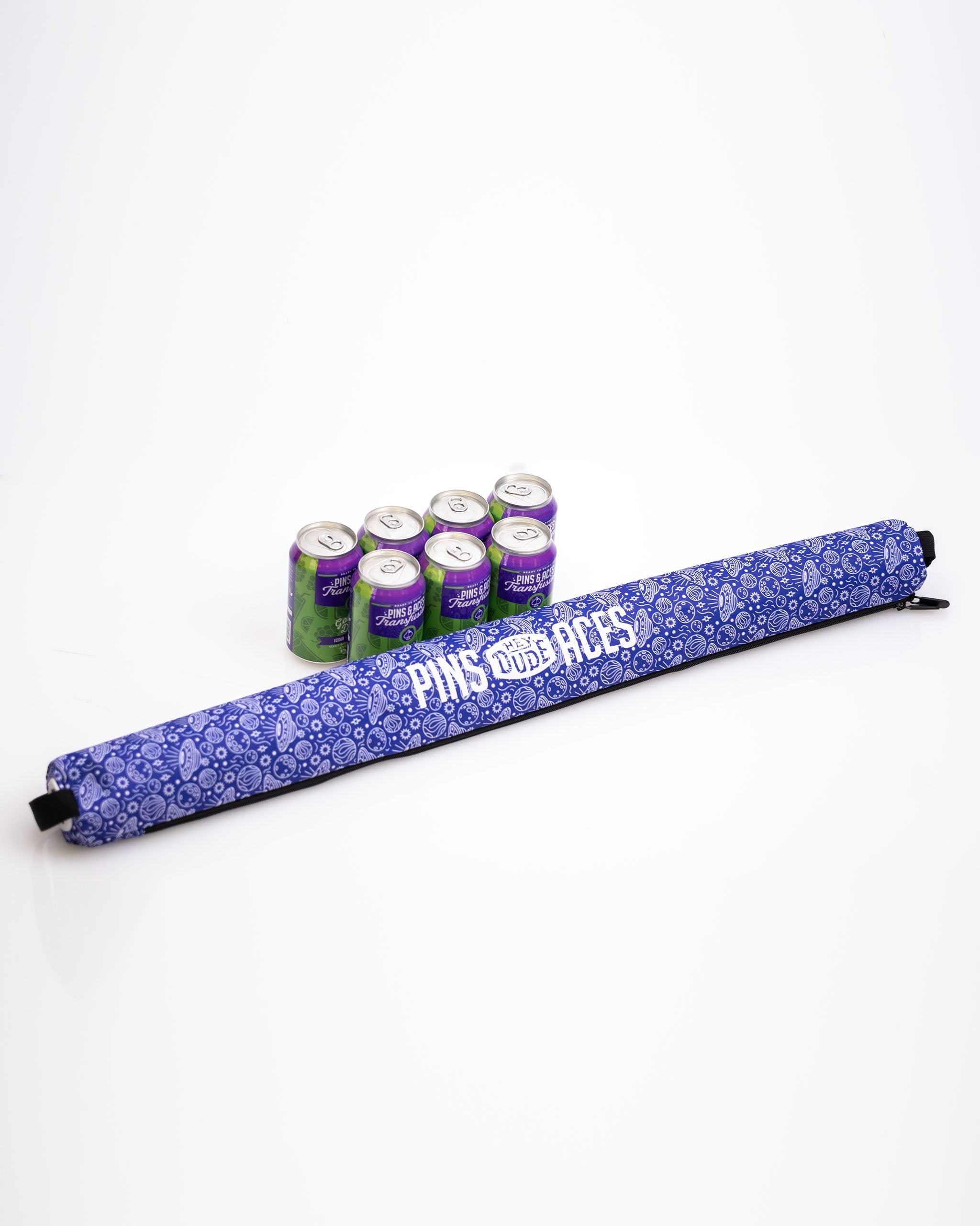 Alt text: HEYDUDE Beer Sleeve in Indigolactic design, featuring a vibrant blue and purple galaxy pattern for stylish beverage insulation.
