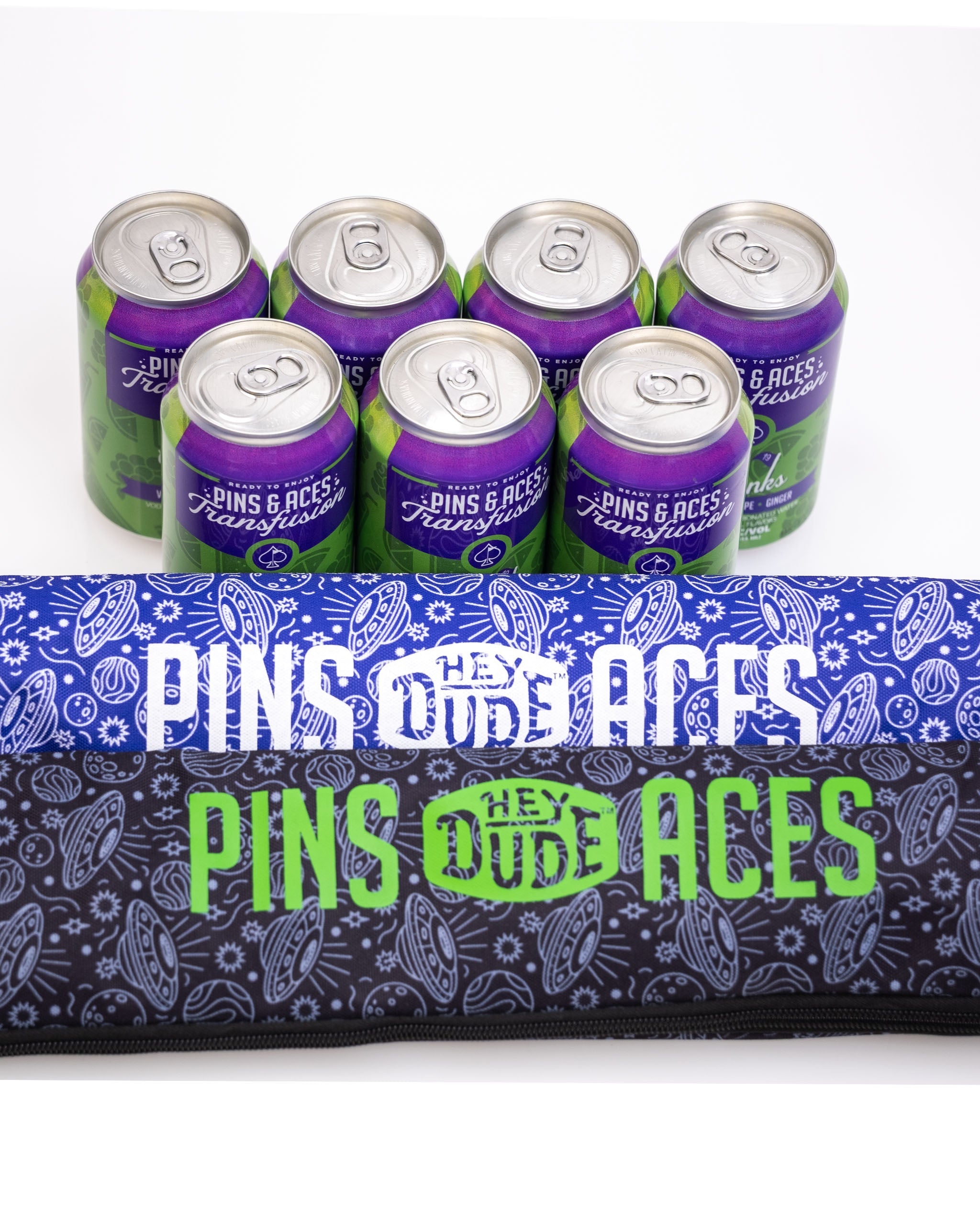 Alt text: HEYDUDE Beer Sleeve in Indigolactic design, featuring a vibrant blue and galaxy pattern, perfect for keeping drinks cool.