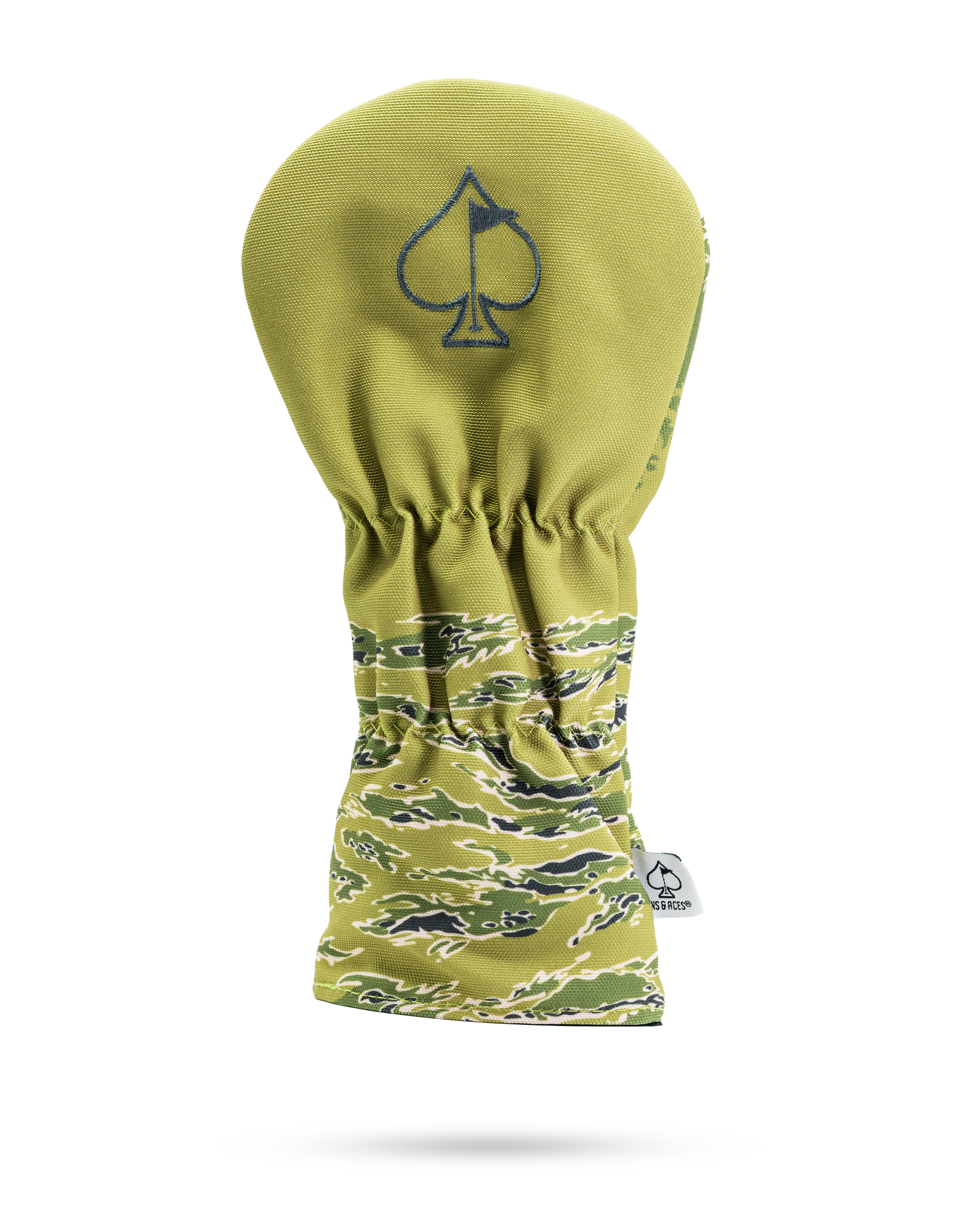 Bold mallard-themed driver cover featuring a camouflage design and a spade logo, perfect for stylish golfers.