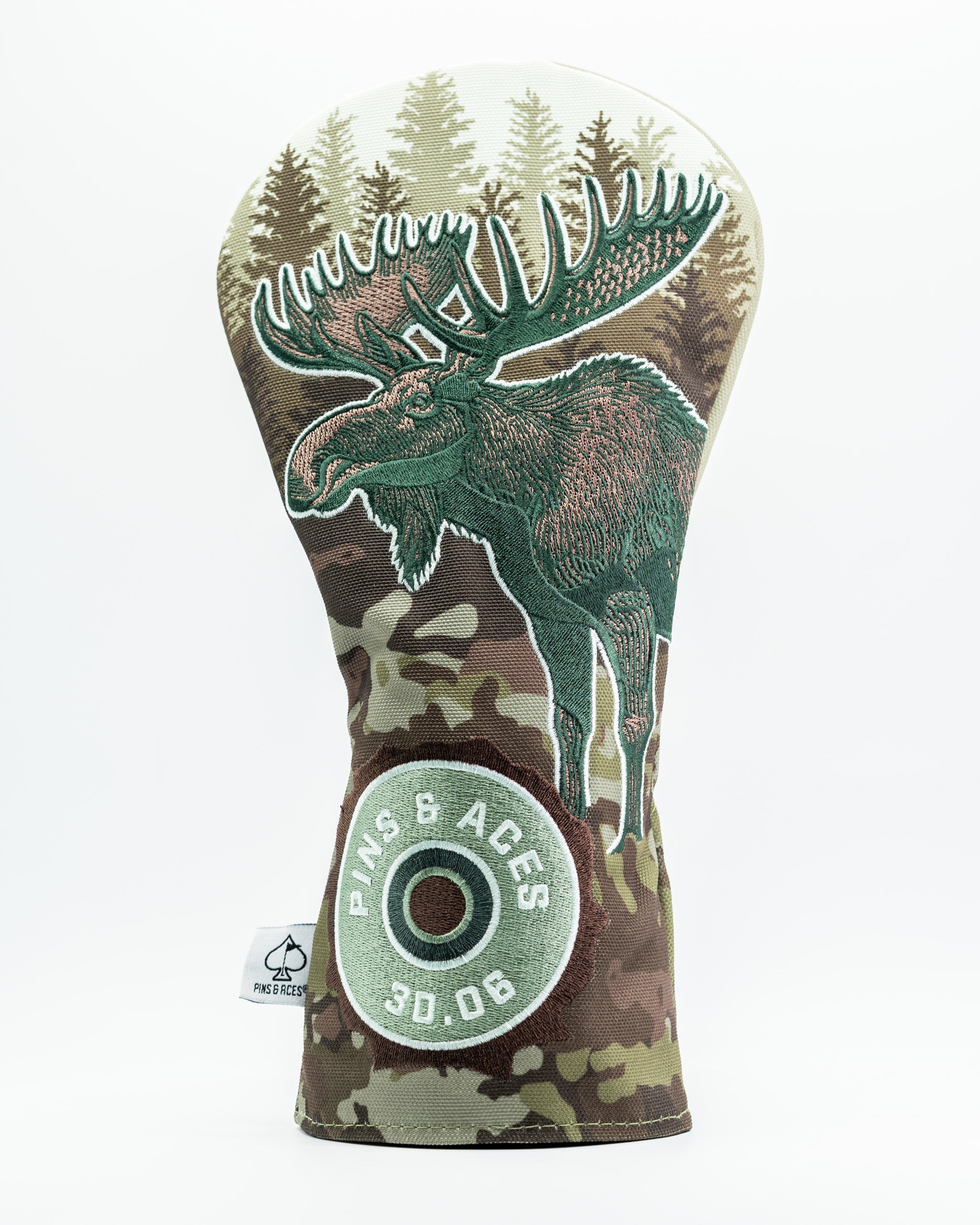 Moose driver cover featuring a detailed moose design on a camouflage background, perfect for bold golfers.