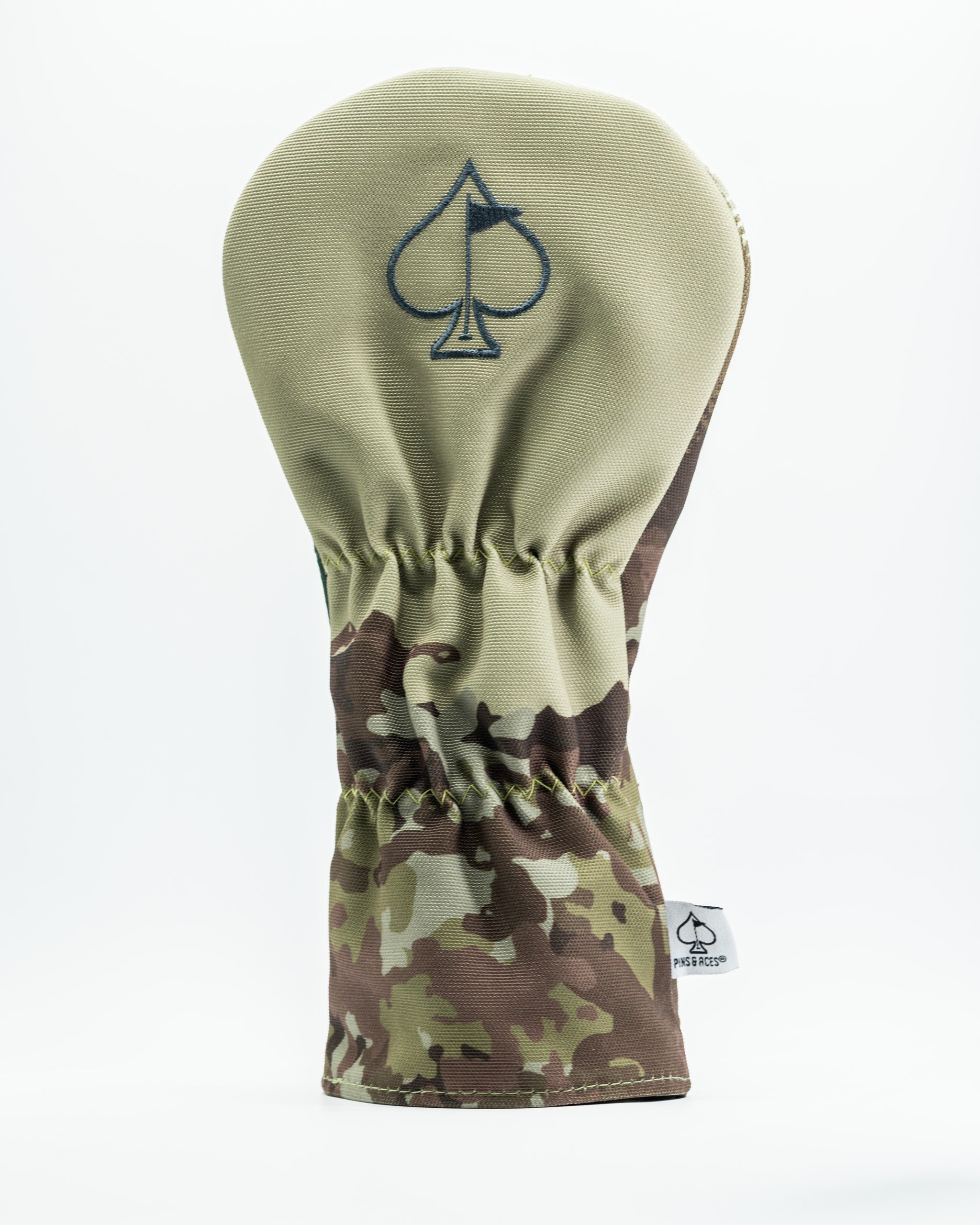 Camouflage driver cover featuring a moose design and an ace of spades logo, ideal for stylish golfers.