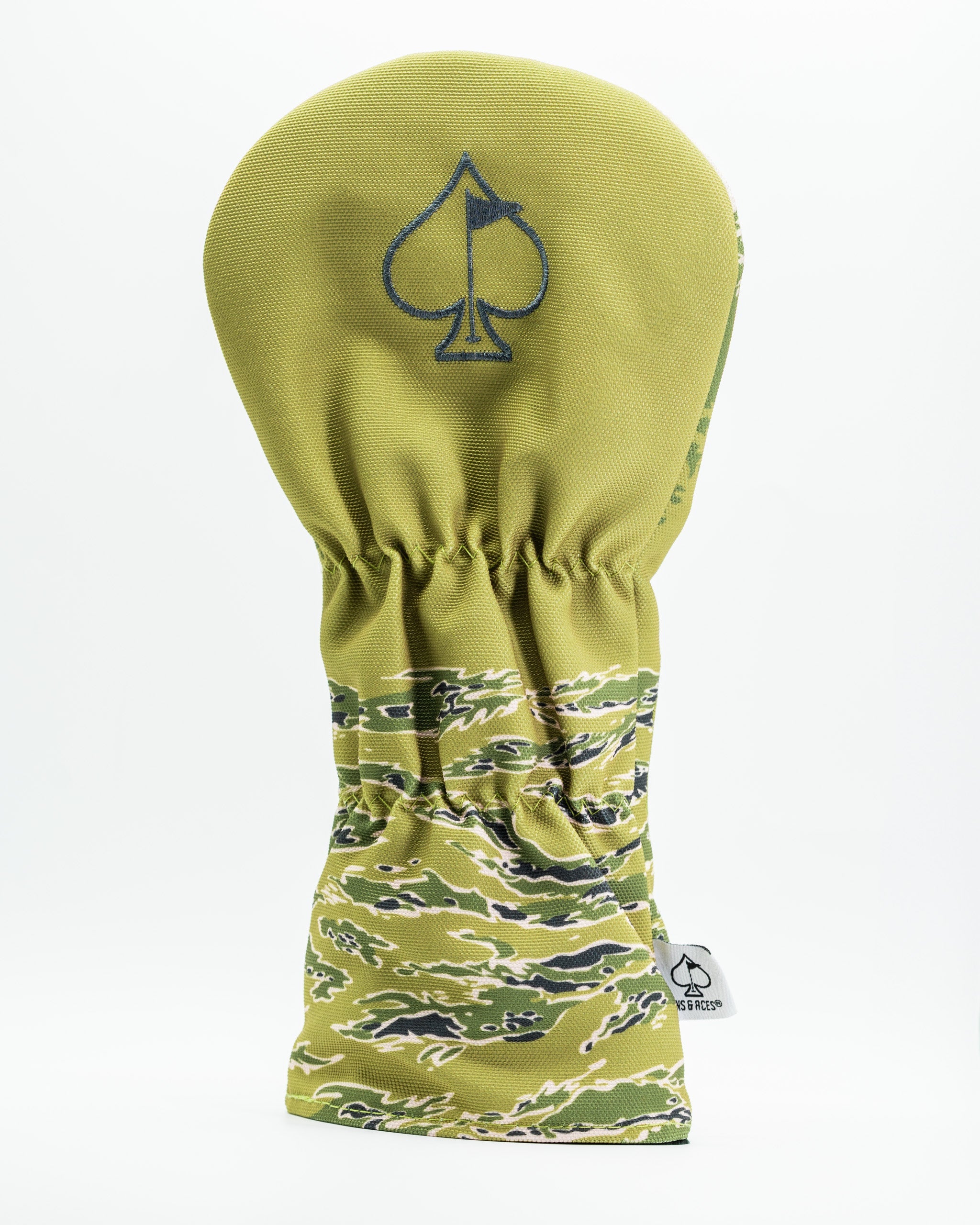Camouflage driver cover featuring a spade logo, designed for golfers who want to showcase their unique style on the course.