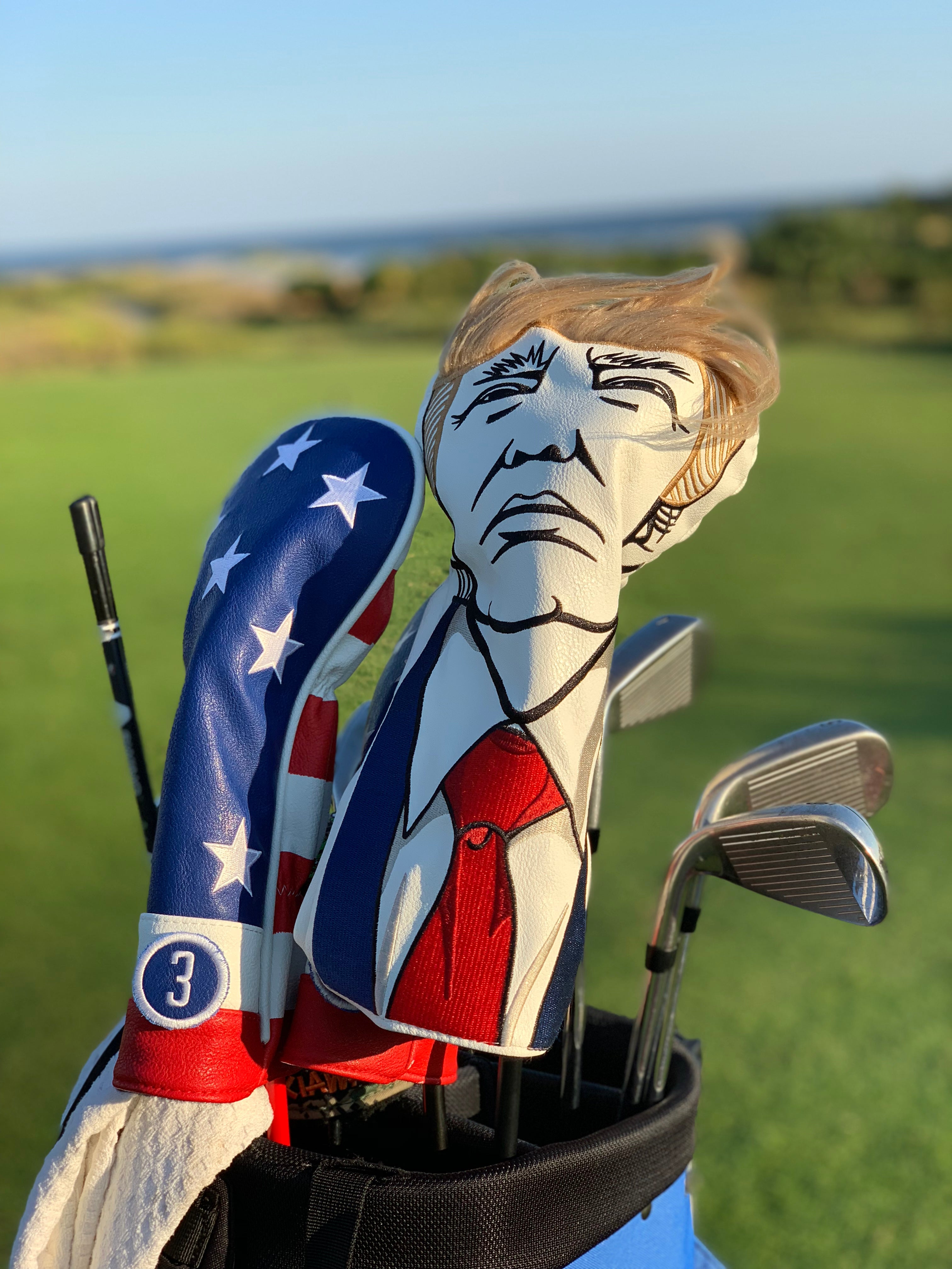 Trump Fairway Cover featuring a stylish design with a bold logo, perfect for protecting golf clubs.