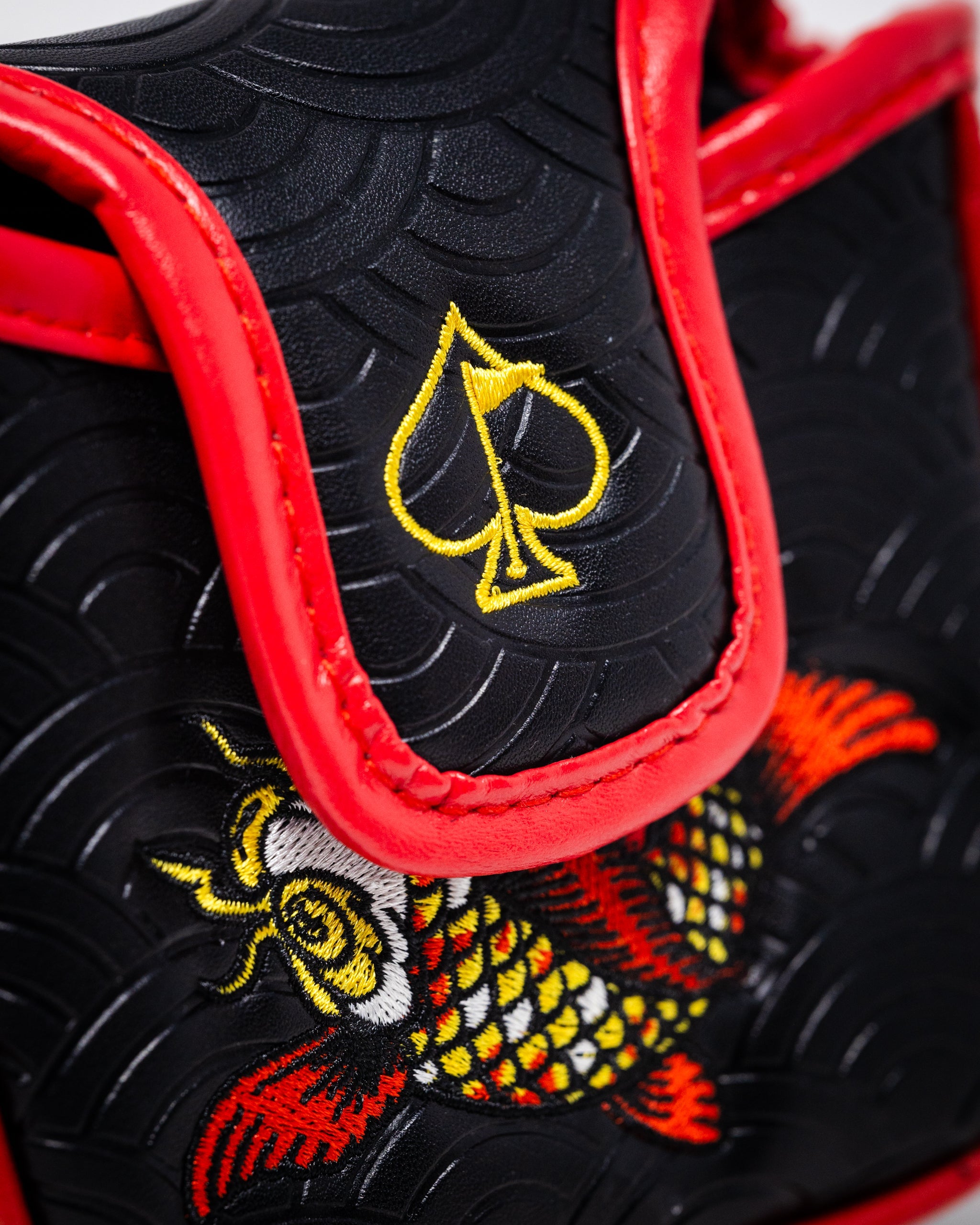 "Koi Flow mallet putter cover featuring colorful koi fish design on a navy background, ideal for golf enthusiasts."