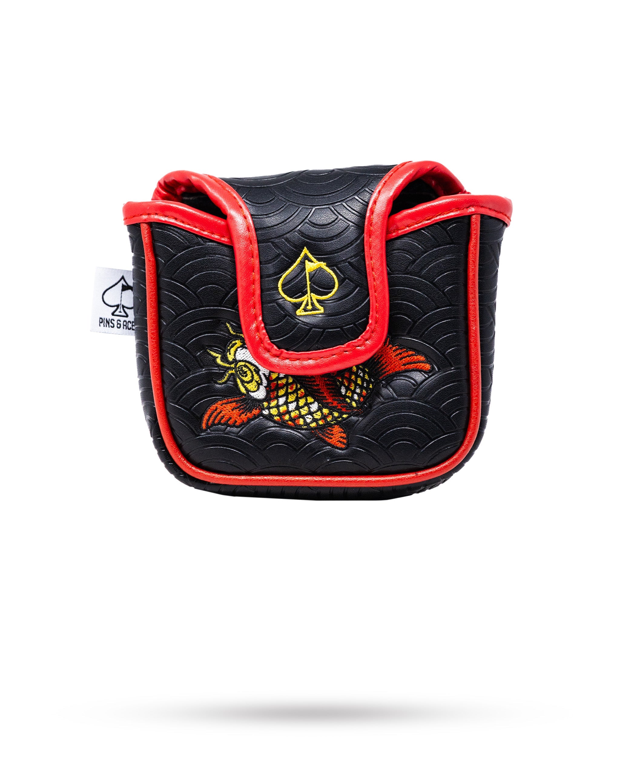 Koi Flow mallet putter cover with vibrant koi fish design, featuring a protective closure for golf clubs.