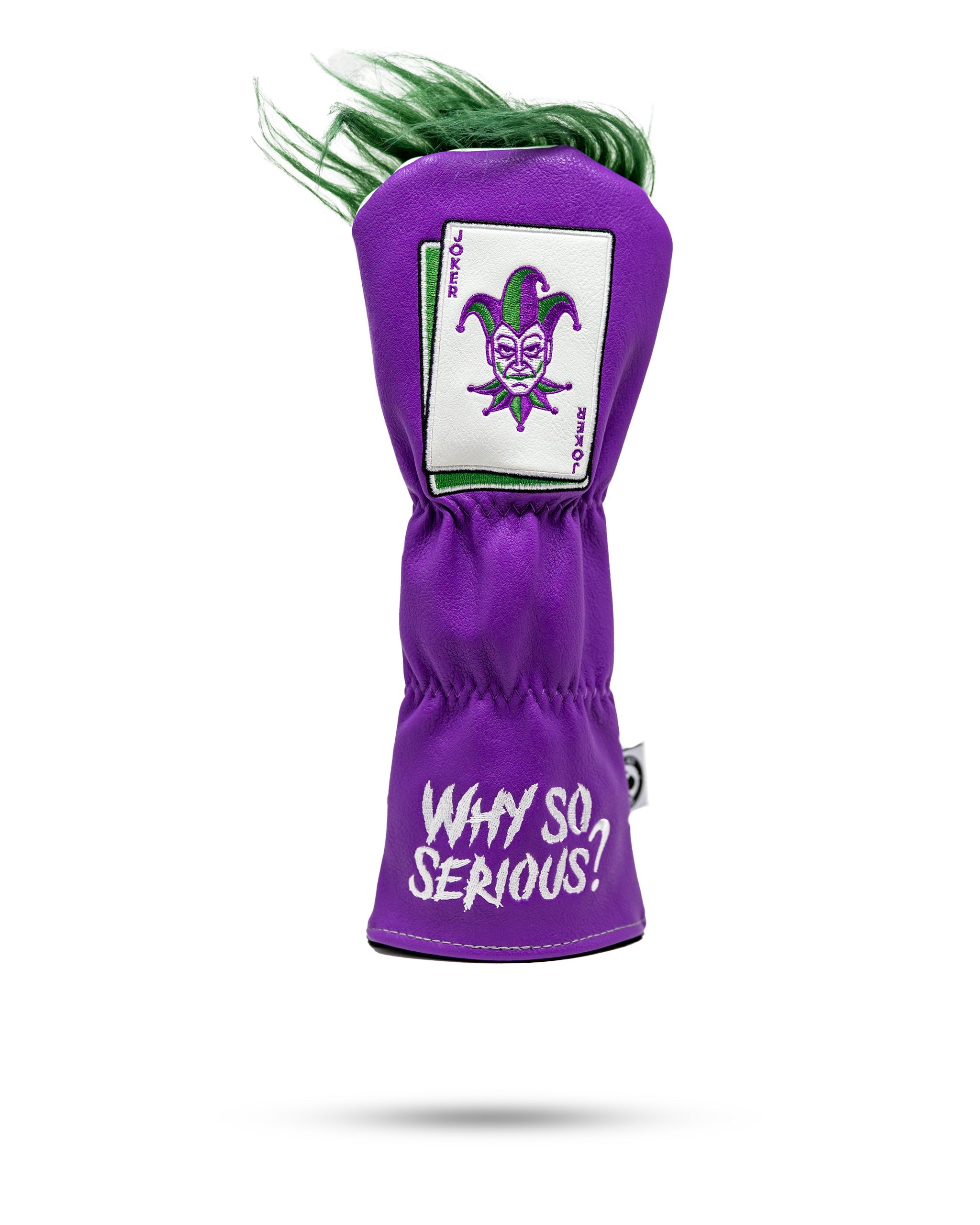 Bold purple golf headcover with a jester face patch, green hair, and "Why So Serious?" text for standout style on the course.