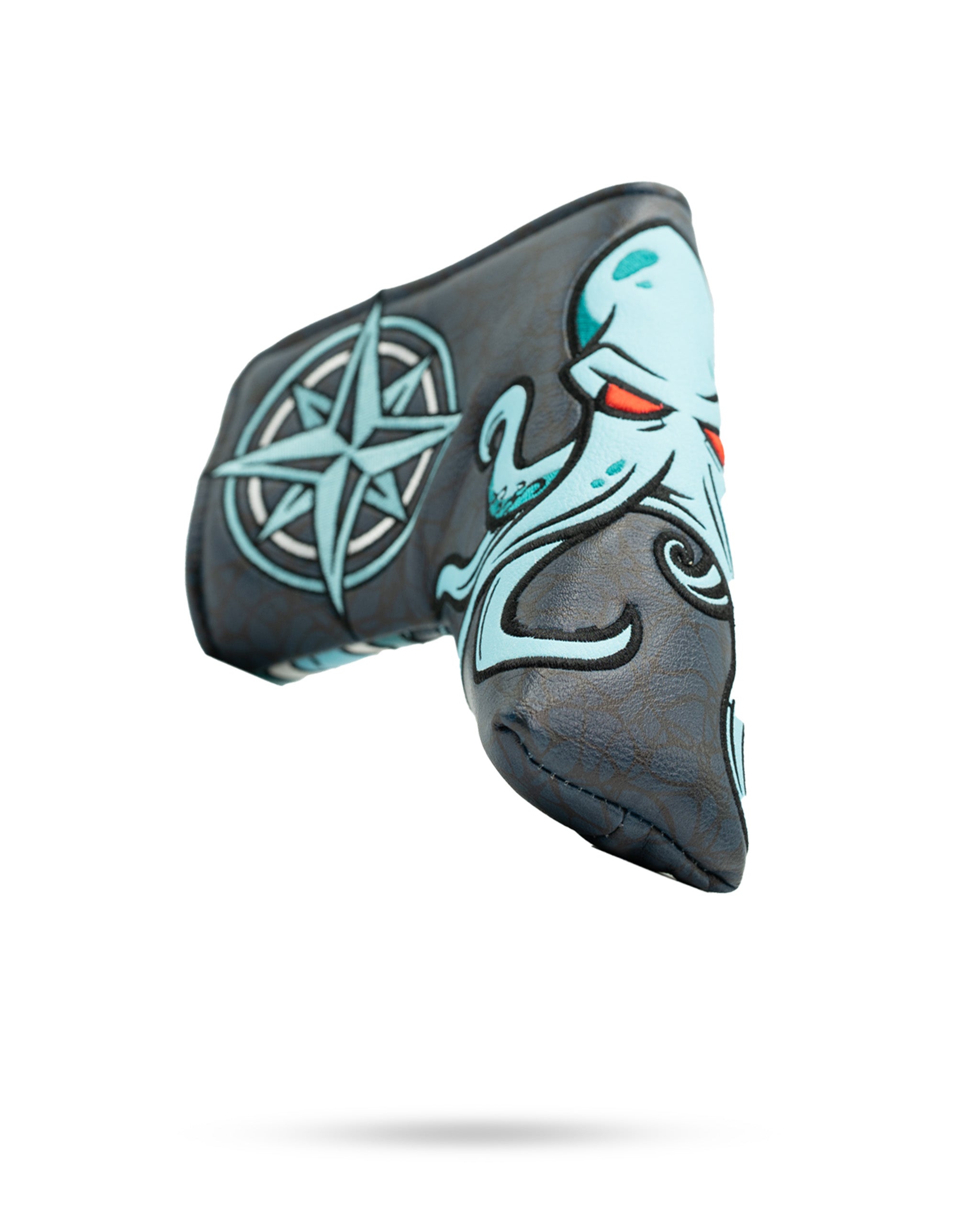 Kraken blade putter cover featuring a blue octopus design and compass, crafted for bold golf style and protection.
