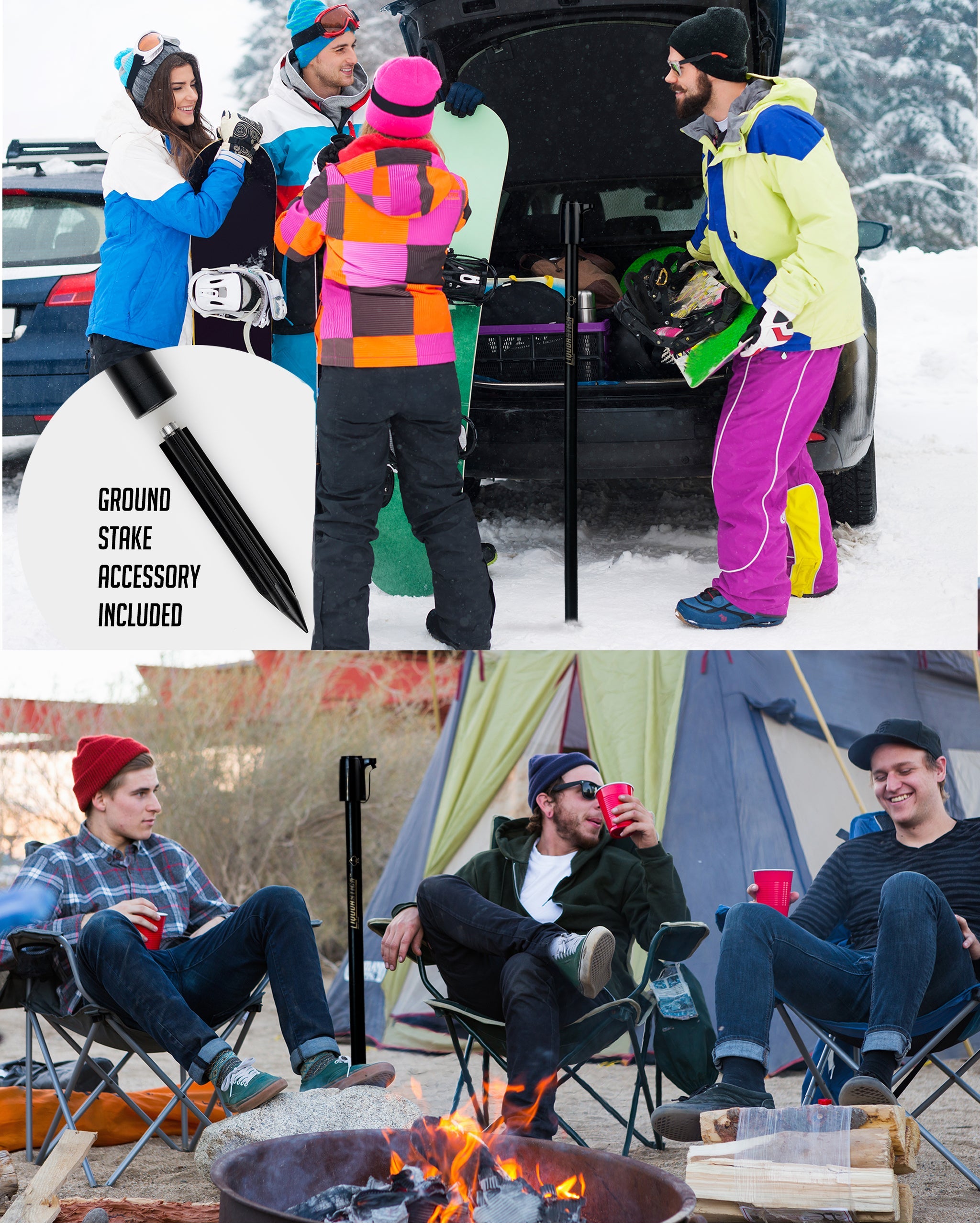 LiquorStick® 3.0 in black, designed for outdoor camping; features a sturdy ground stake in a snowy setting.