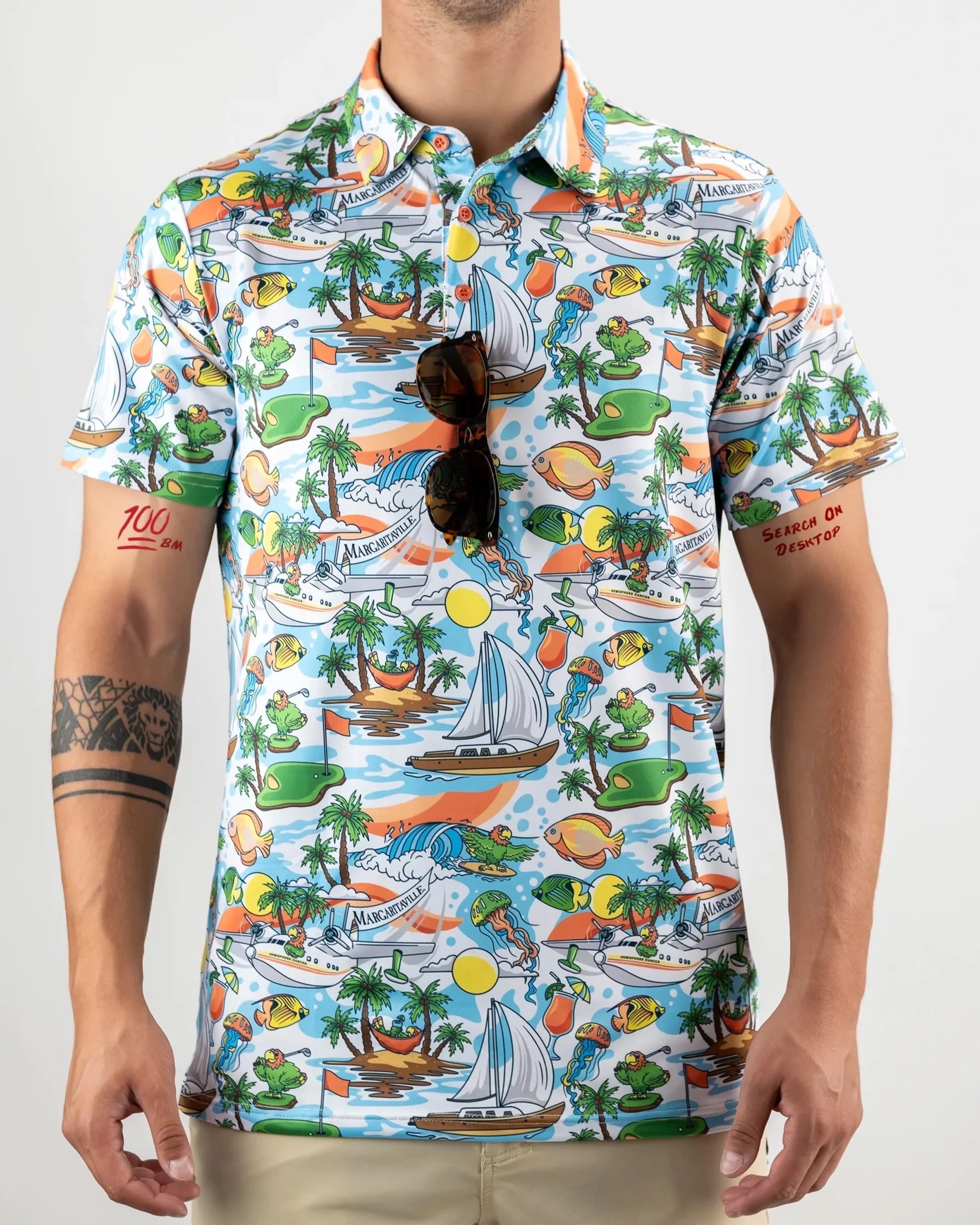 Margaritaville Pins In Paradise polo shirt featuring a tropical design with vibrant colors and embroidered logo.