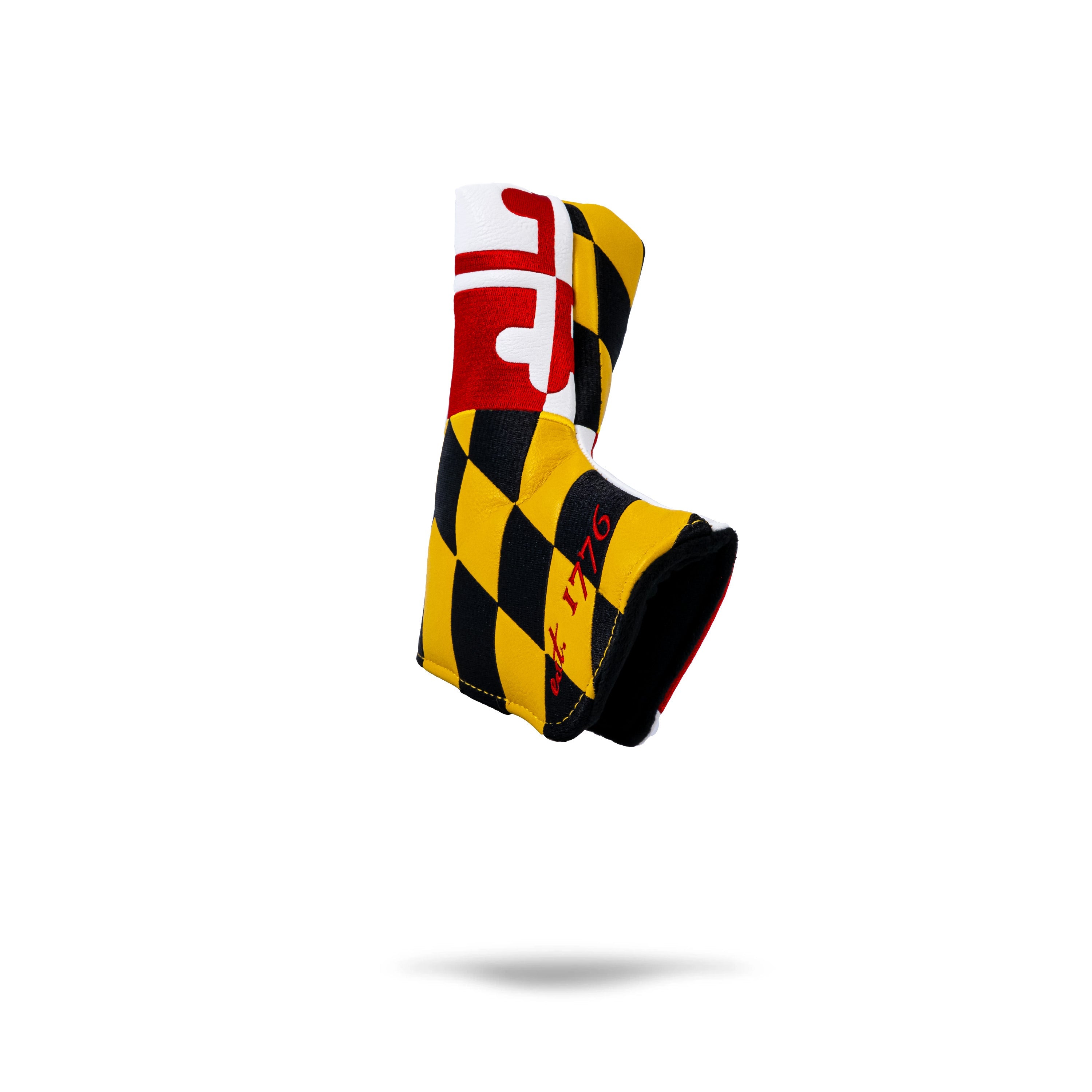Maryland Blade Putter Cover featuring a bold red and yellow design with the Maryland state flag pattern.