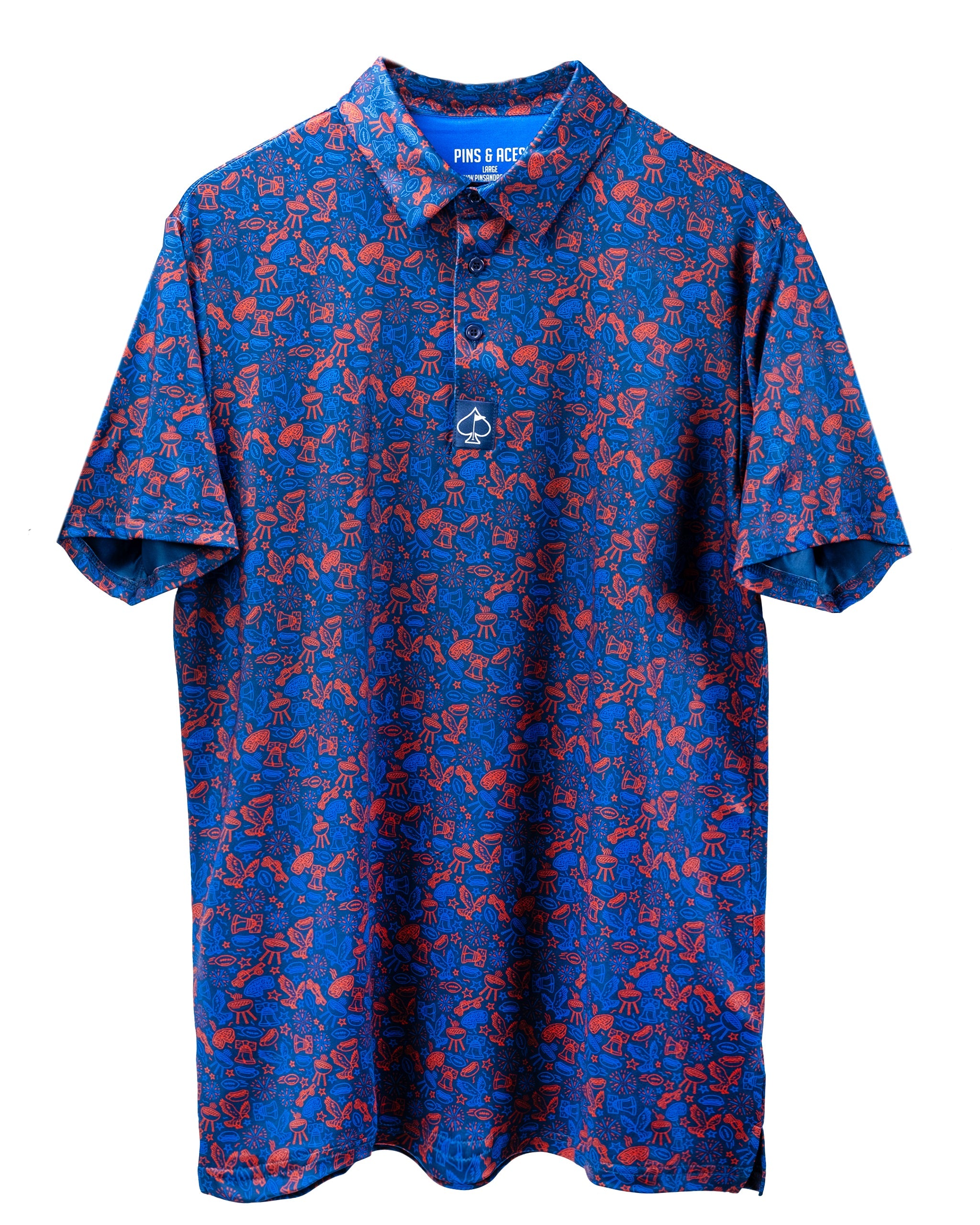 Navy golf polo shirt featuring a vibrant doodle pattern in red and orange, designed for a bold, stylish look on the course.