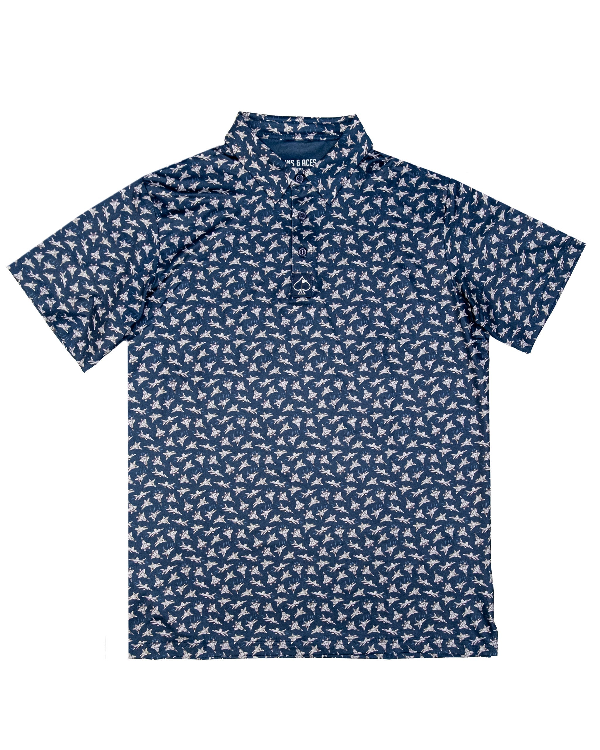 Men's navy polo shirt with a white bird pattern, short sleeves, and a buttoned collar featuring a small spade logo.