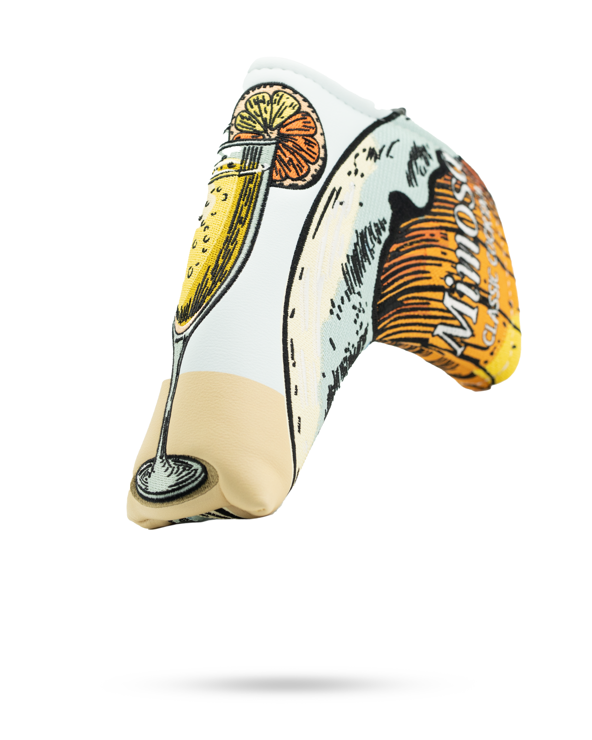 Colorful blade putter cover featuring a mimosa design with a glass and orange slice, perfect for stylish golfers.