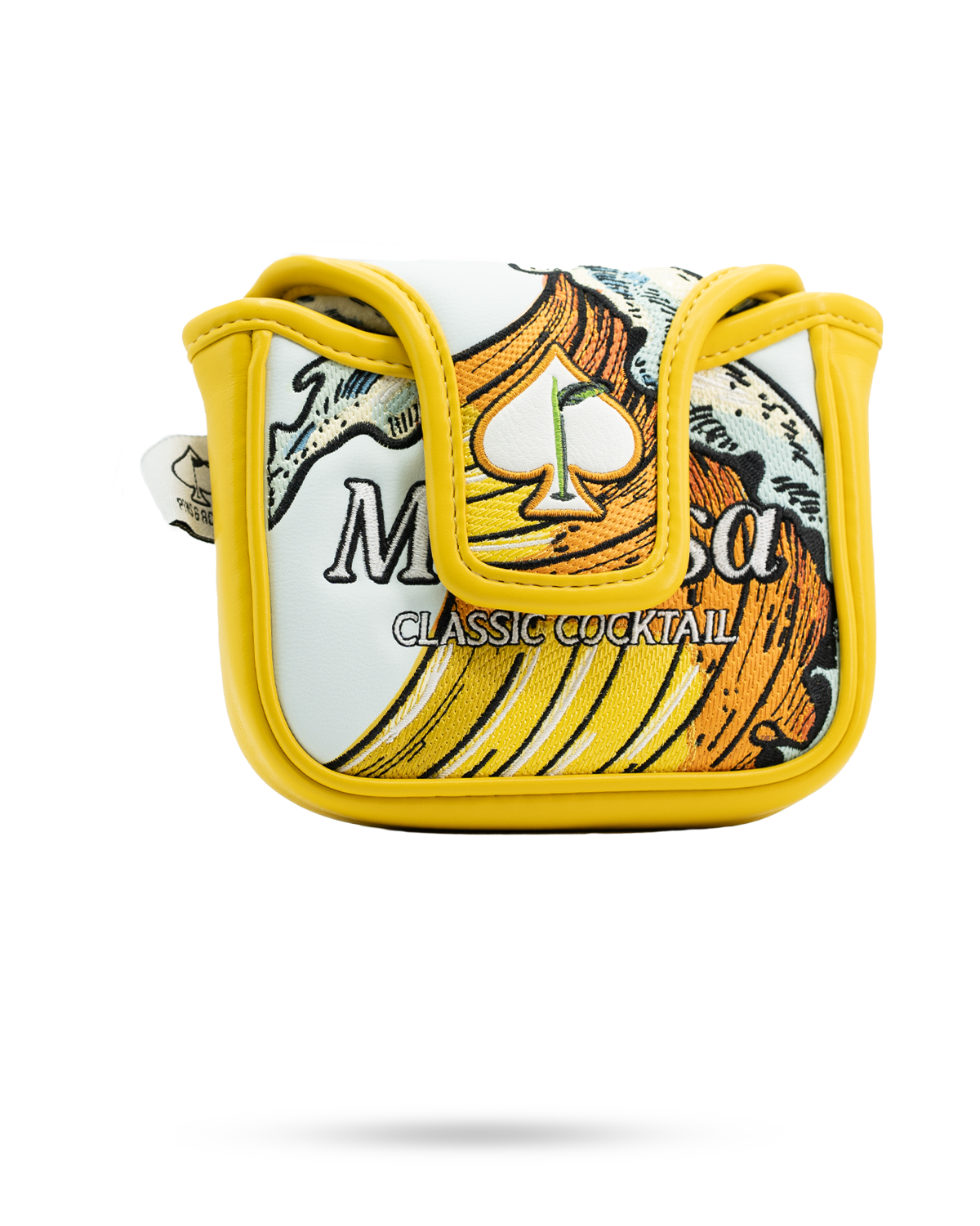 Mimosa mallet putter cover featuring a vibrant cocktail design with an ace of spades, perfect for stylish golfers.