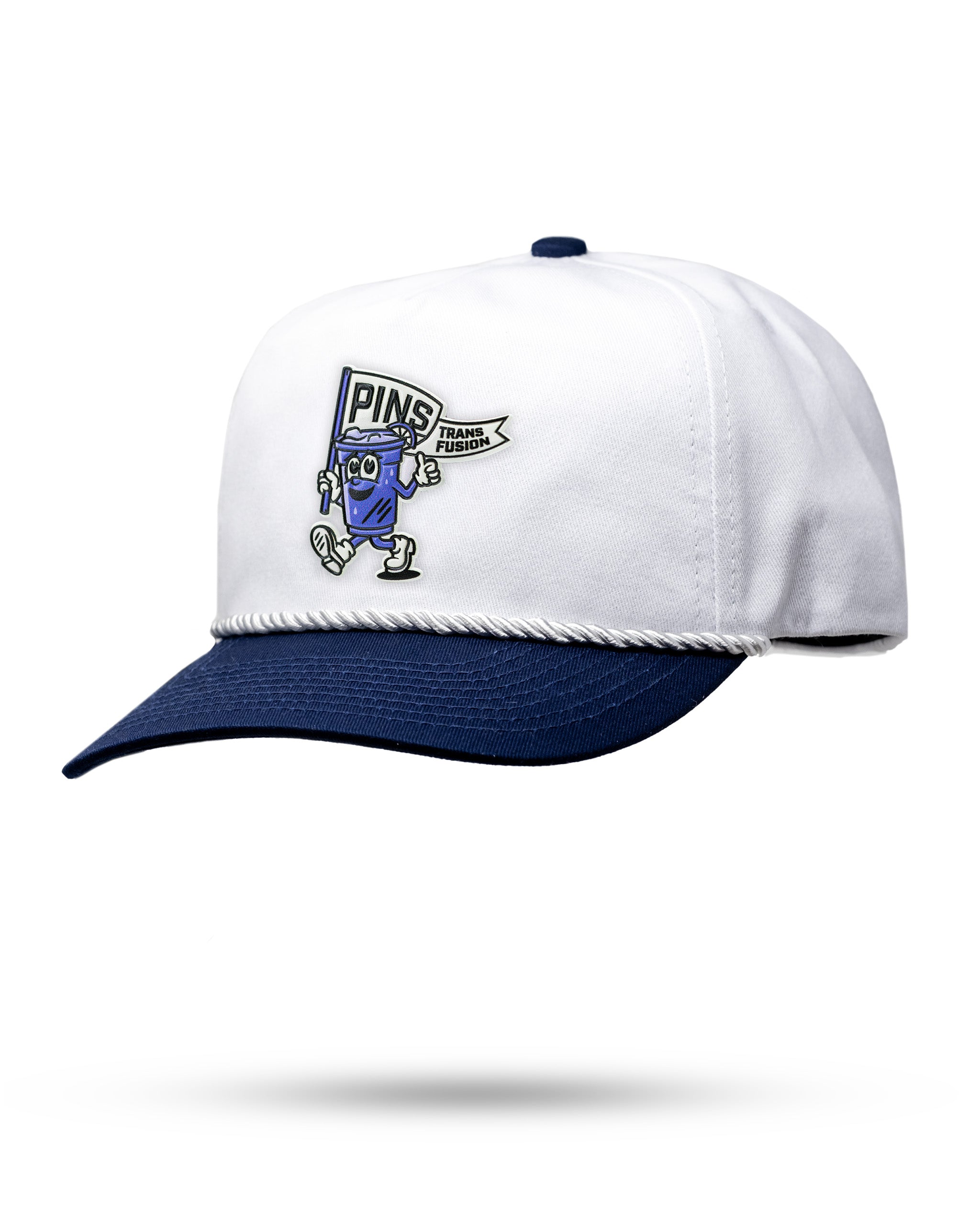 Heritage Rope Hat in white and navy featuring a playful cartoon character and bold "PINS" logo for stylish golfers.