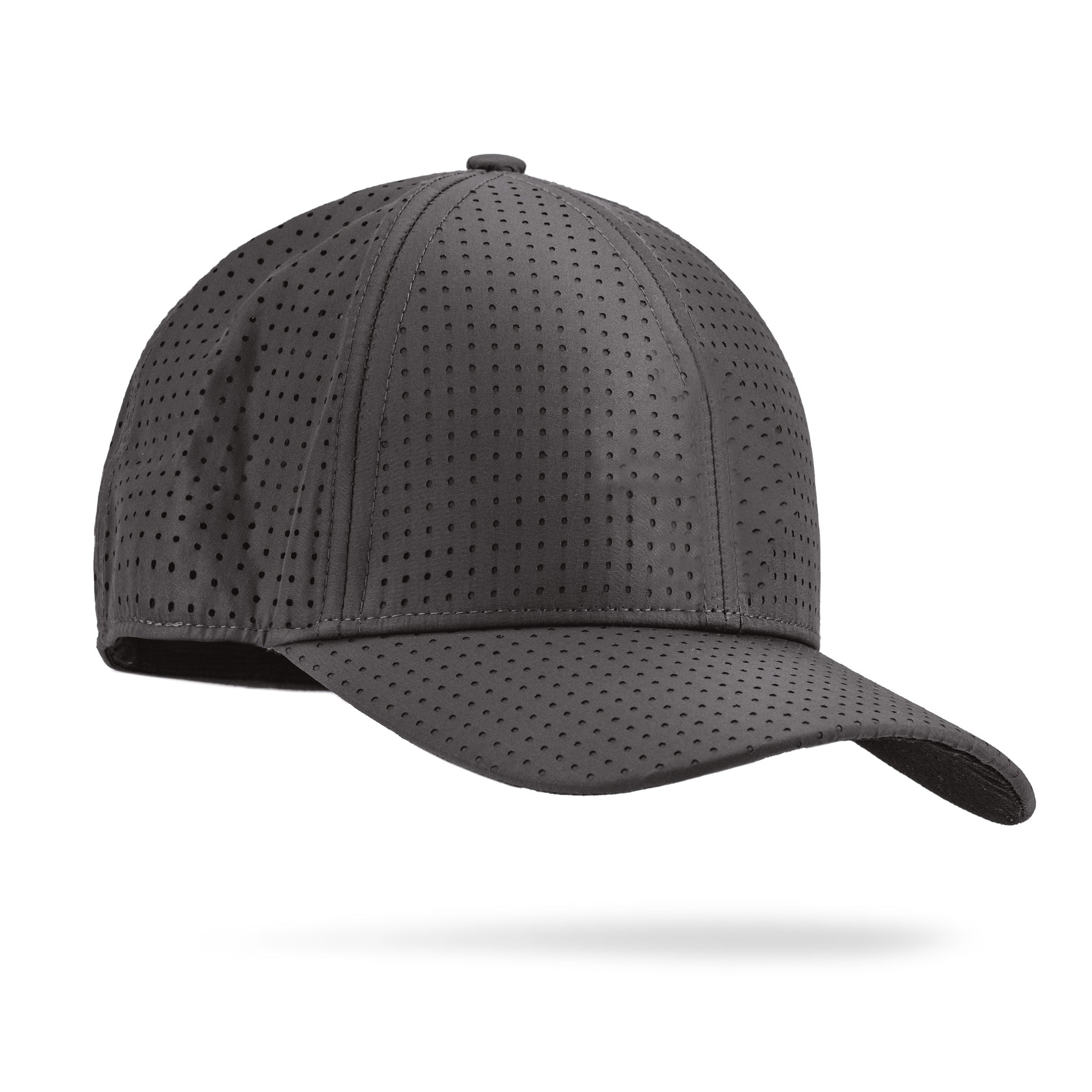 Gray perforated golf cap with curved brim, breathable design, and subtle stitching, perfect for bold golf style.