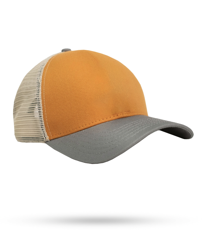 Bold orange and gray trucker hat with mesh back, perfect for standout golf apparel and accessories.