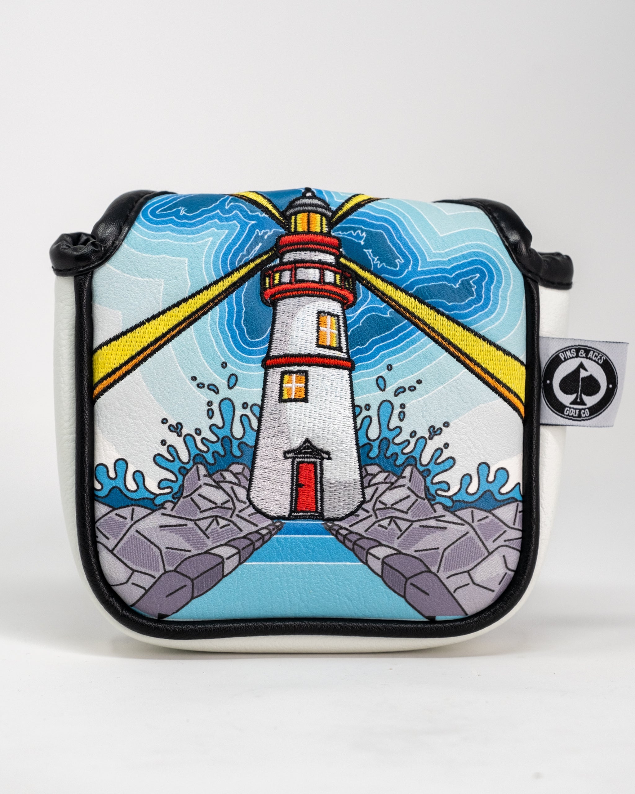 Great Lakes mallet putter cover featuring a vibrant design with a blue and green color scheme, showcasing iconic Great Lakes imagery.