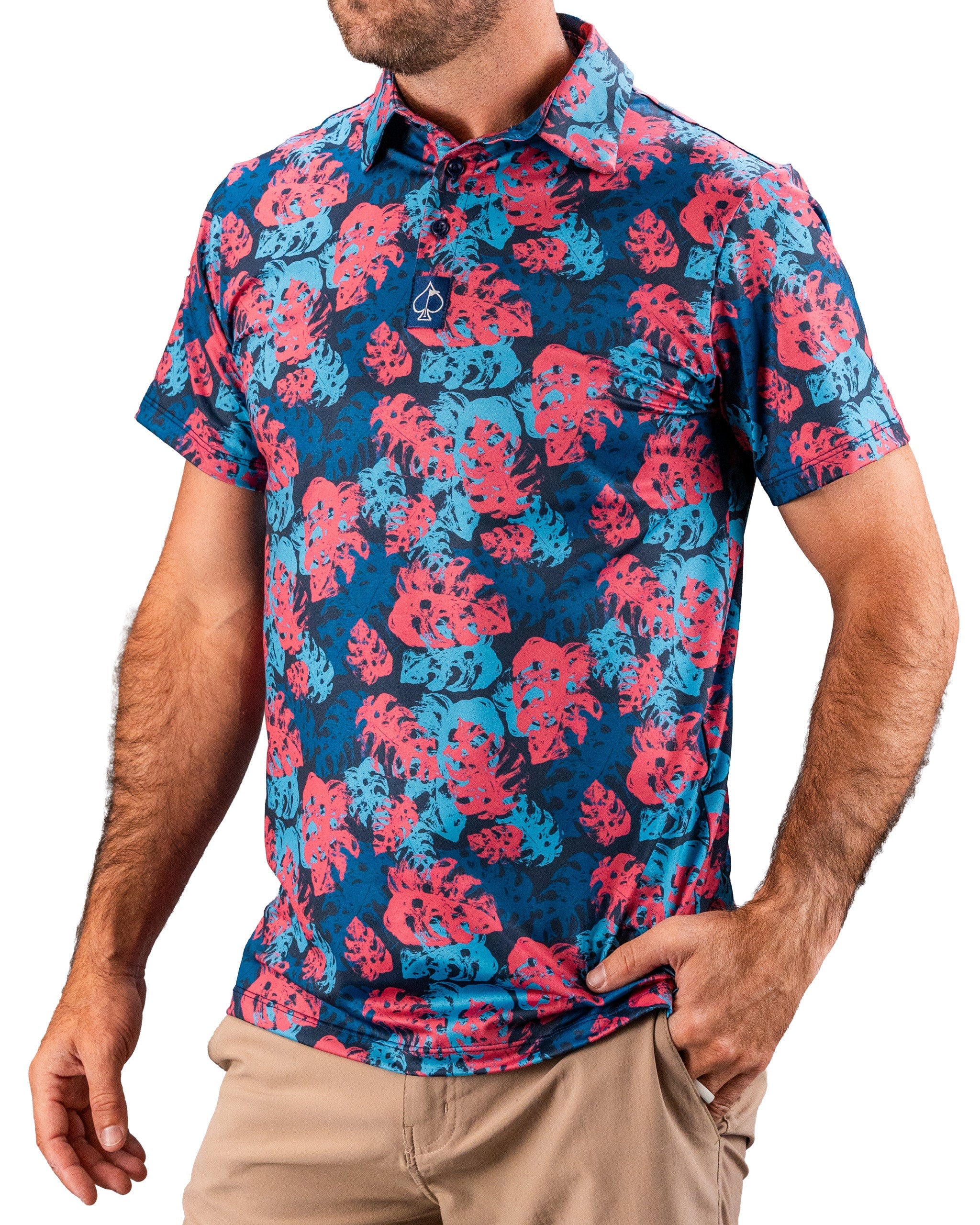 Bright blue and pink tropical leaf print golf shirt with a collar and short sleeves, perfect for bold golf style.