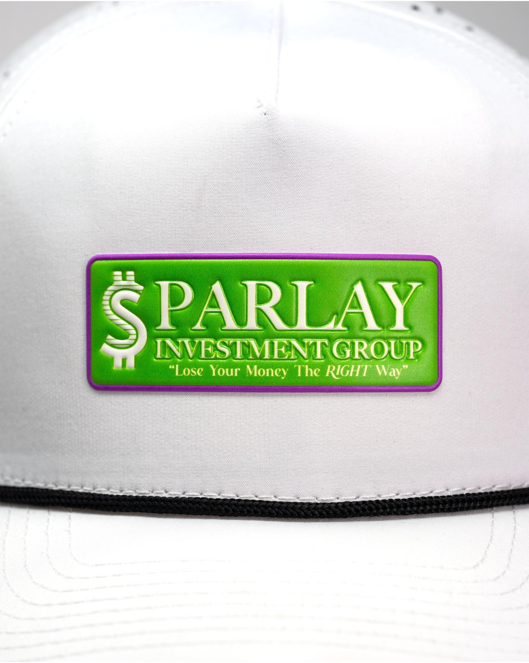 Perforated white rope hat featuring Parlay Investment Group logo.