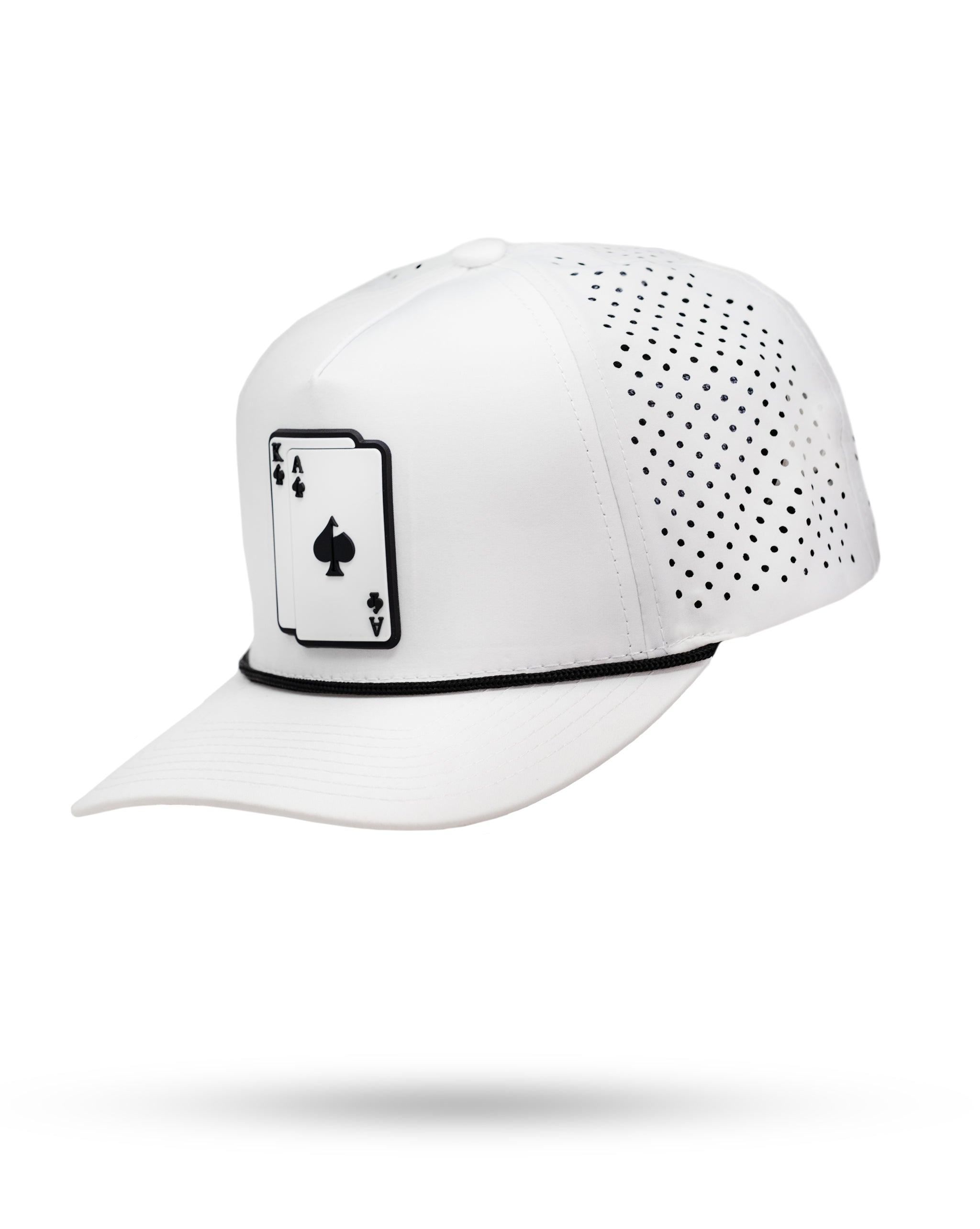 Perforated white rope hat with AK logo, featuring a stylish design and breathable material.
