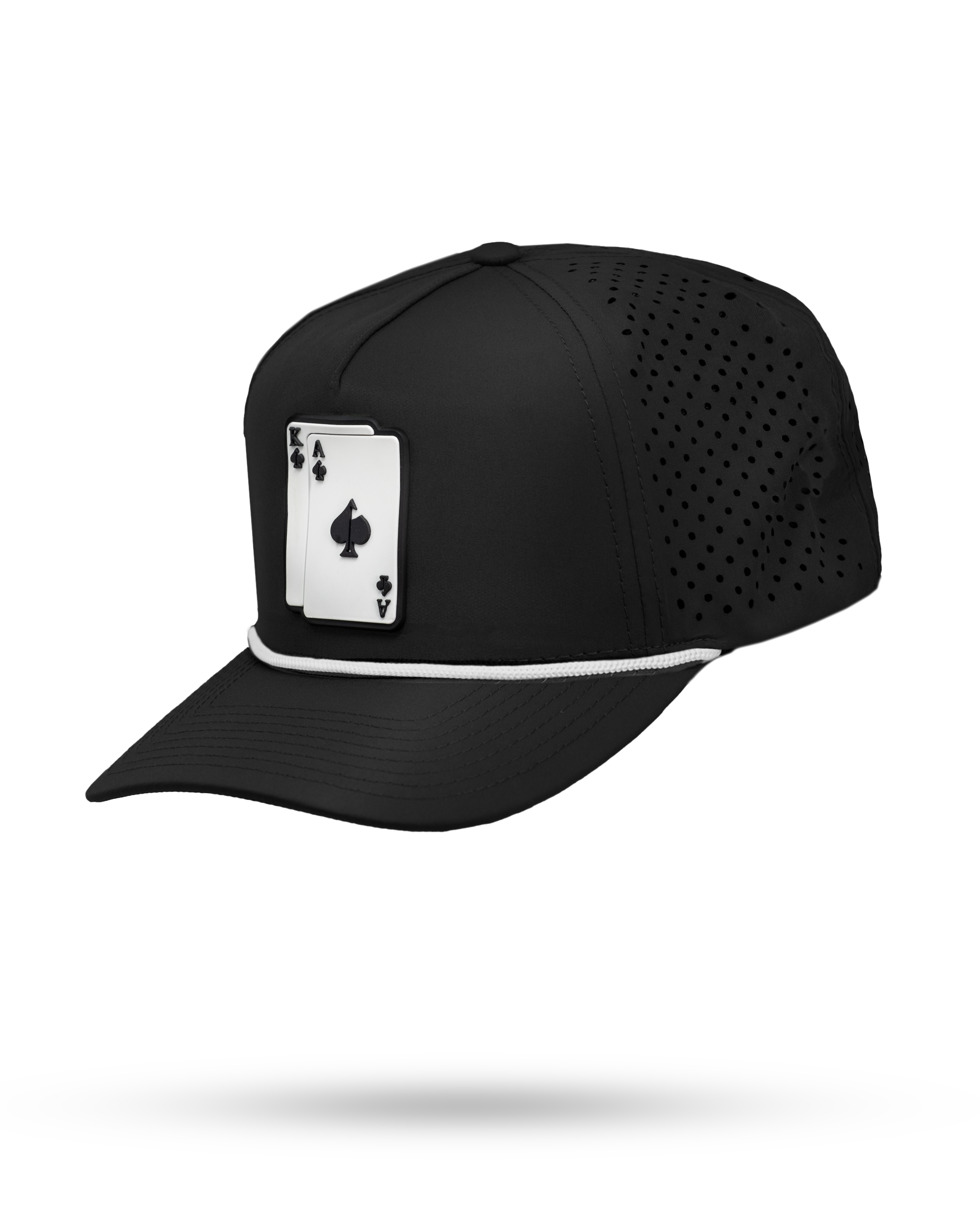 Perforated black rope hat featuring AK logo patch on the front.