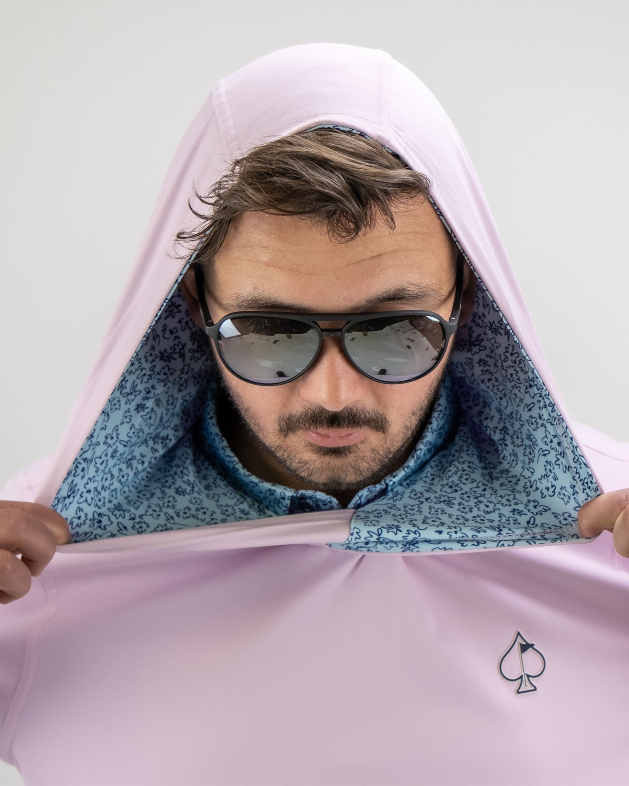 Performance Golf Hoodie in Flower Doodle Blue, featuring a stylish hood and unique floral lining, perfect for golfers.