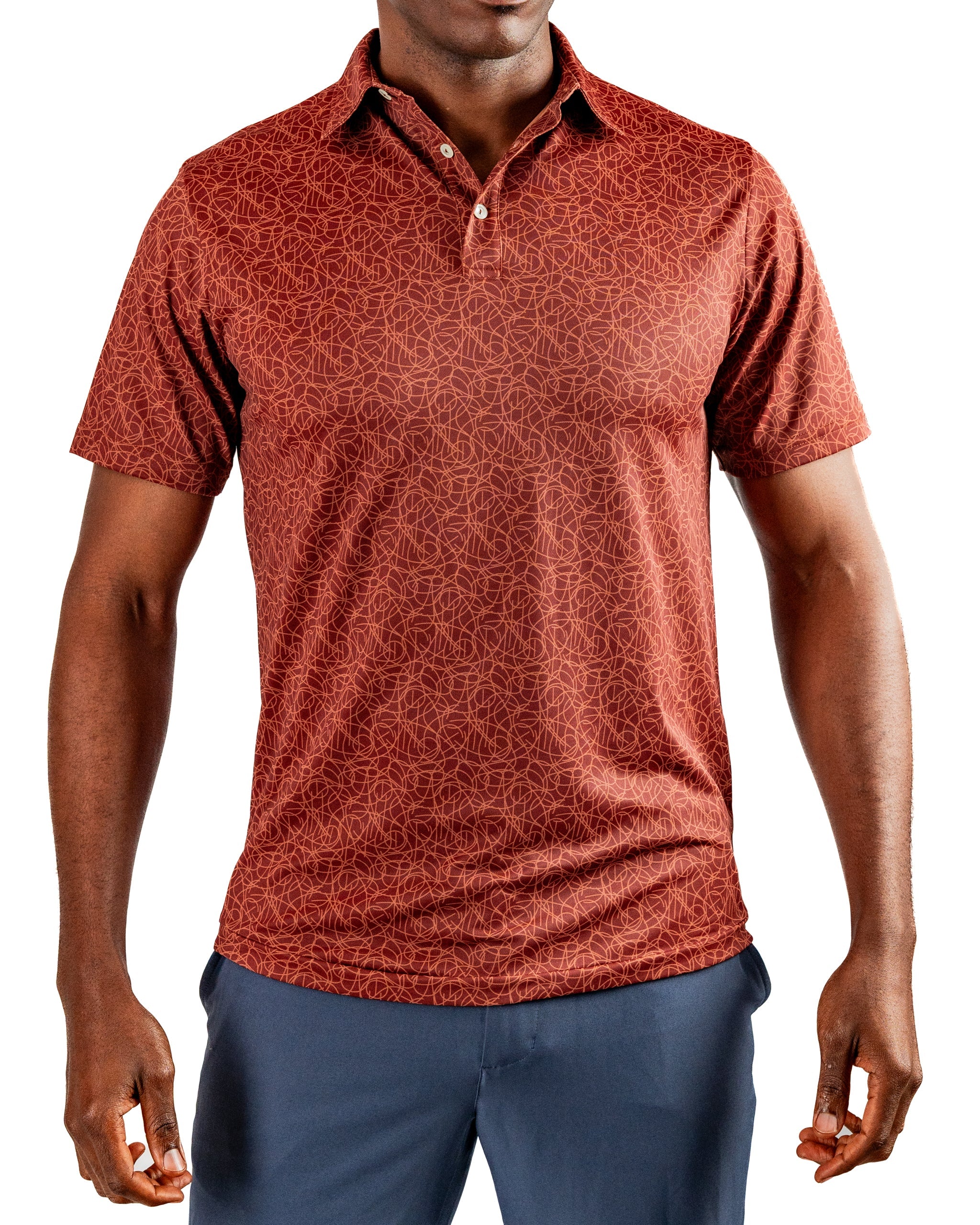 Men's short-sleeve golf shirt in a bold red pattern, designed for comfort and style on the course.