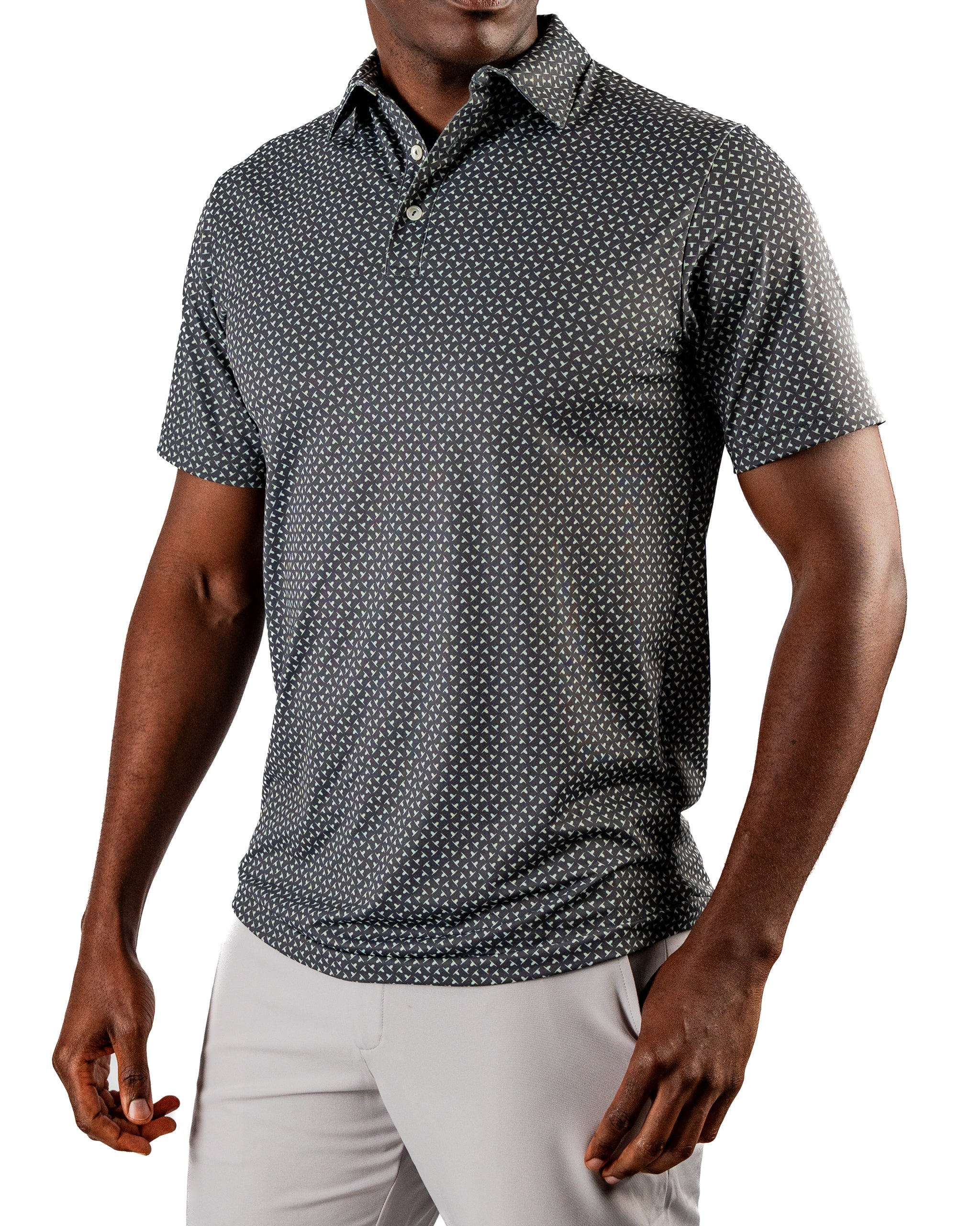 Men's golf polo shirt in dark gray with a subtle jade drop pattern, designed for style and comfort on the course.