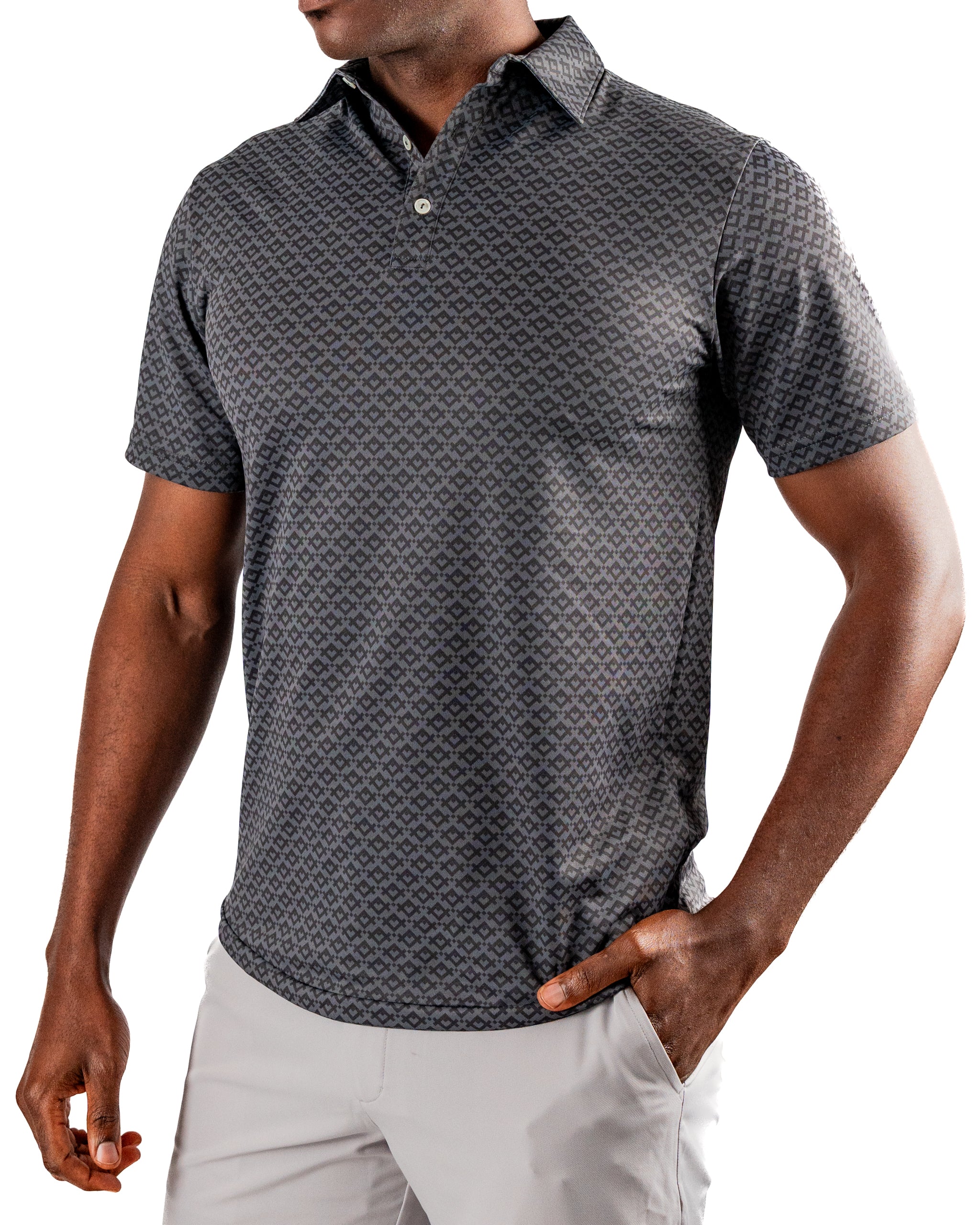 Men's Slate Mosaic golf polo featuring a stylish geometric pattern, perfect for a bold look on the course.