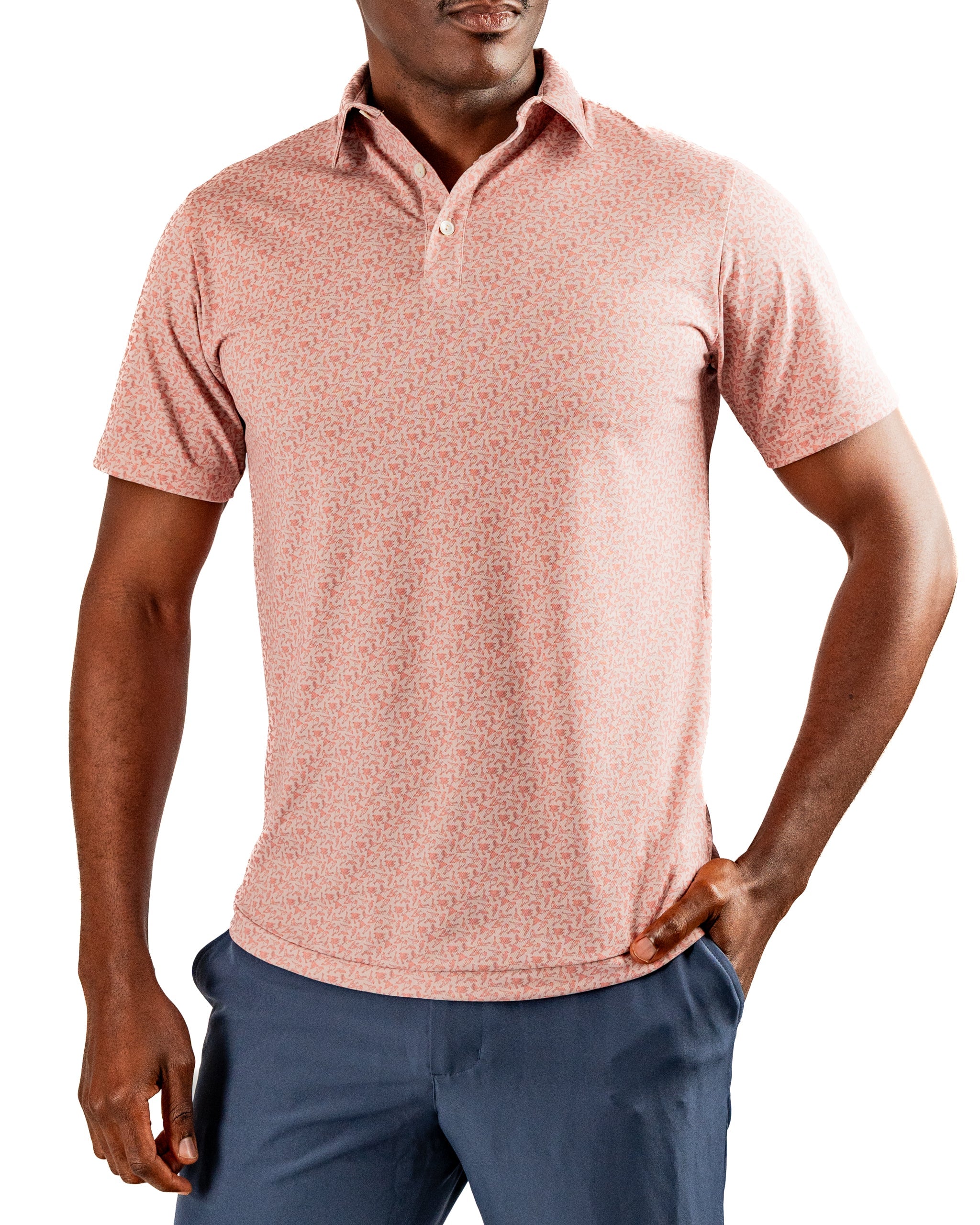Men's short-sleeve golf polo in a coral pattern, designed for comfort and style on the course.